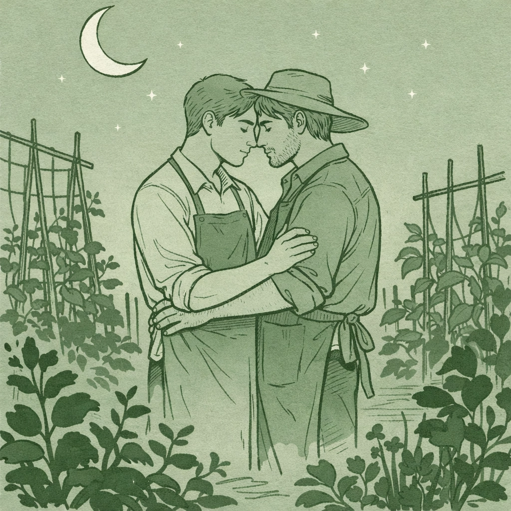 Two men embrace under moonlight in garden - forbidden MM romance during slavery
