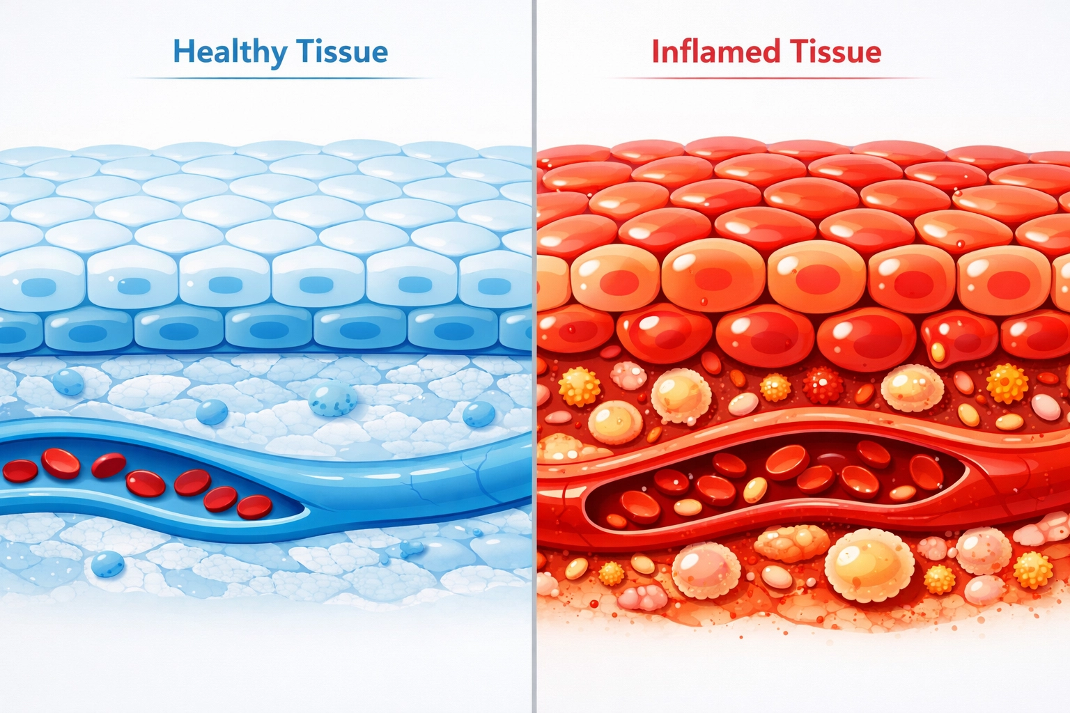 Healthy tissue vs inflamed tissue comparison for reducing inflammation and healing faster