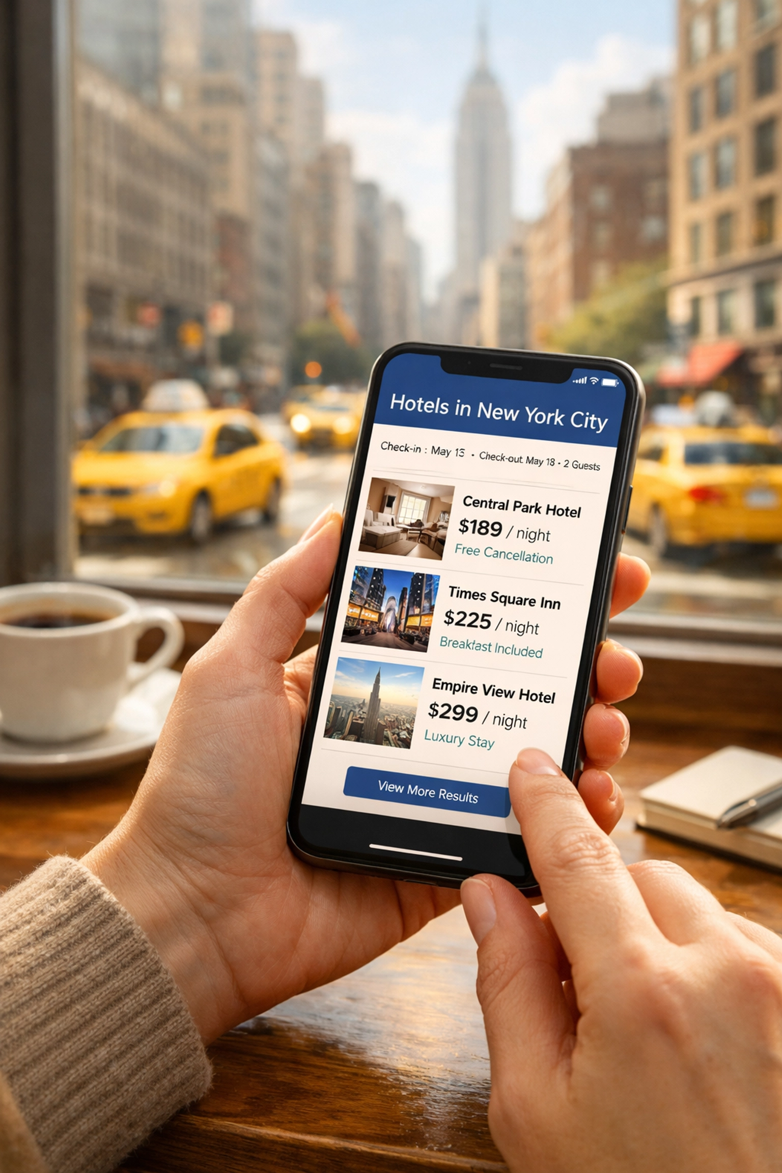 Person using smartphone to search for hotel options in New York City, featuring listings with prices and amenities, coffee cup and city view in background.