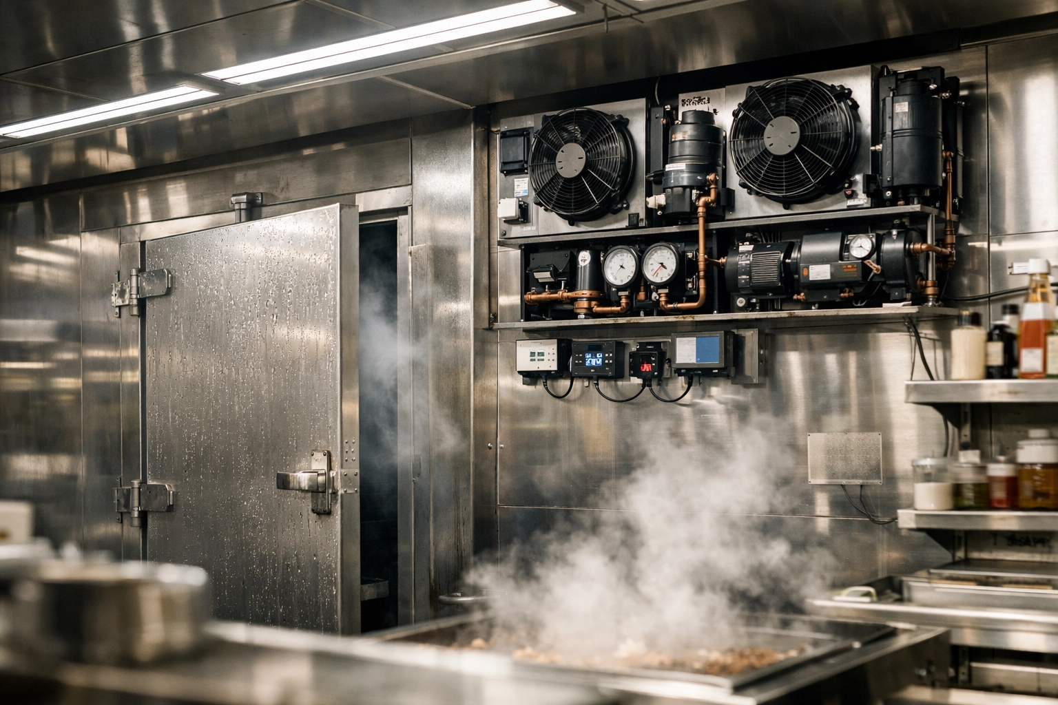 Commercial kitchen refrigeration equipment and walk-in cooler during service hours