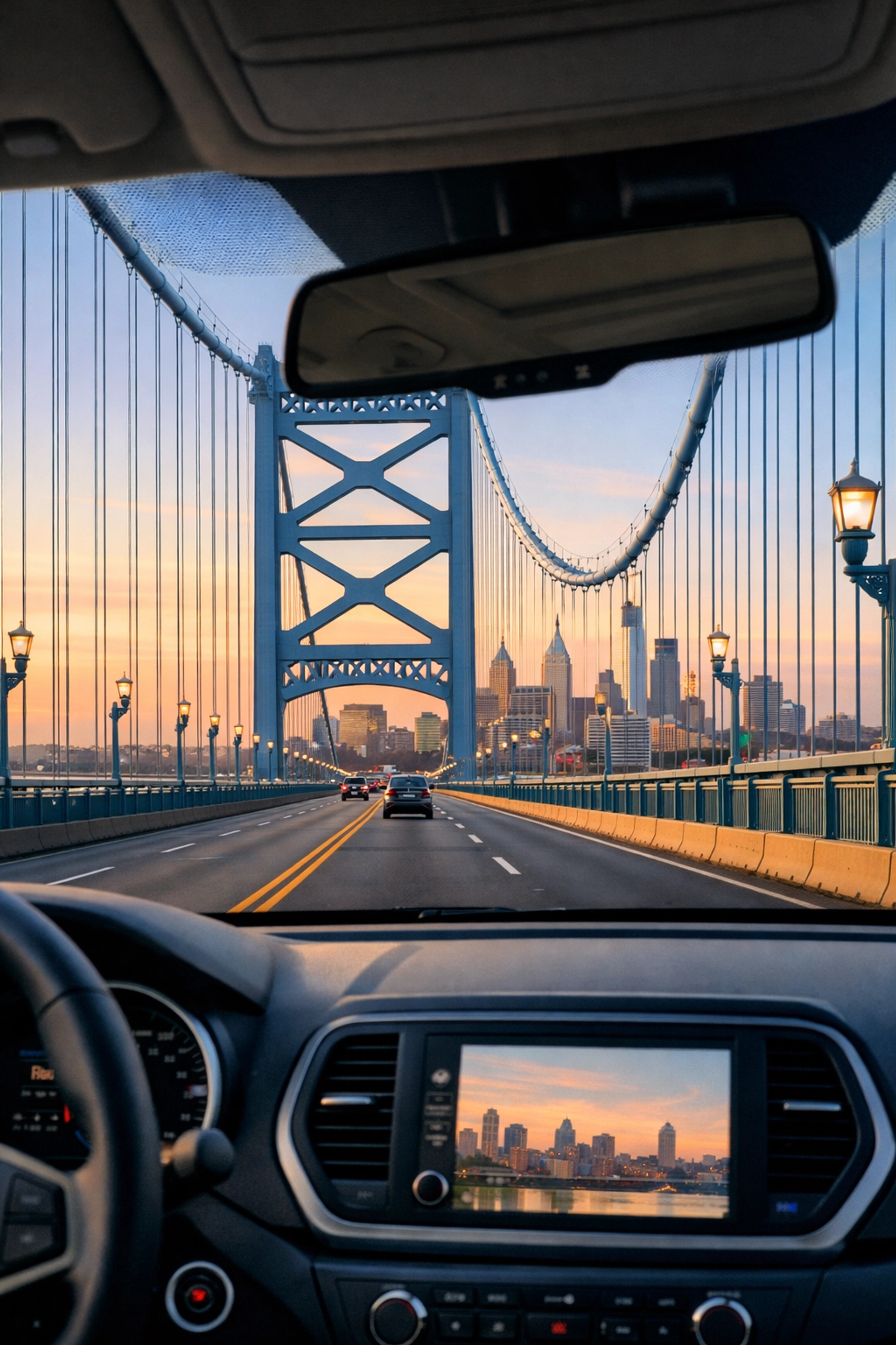 Ben Franklin Bridge commute view from Philadelphia to South Jersey during morning drive