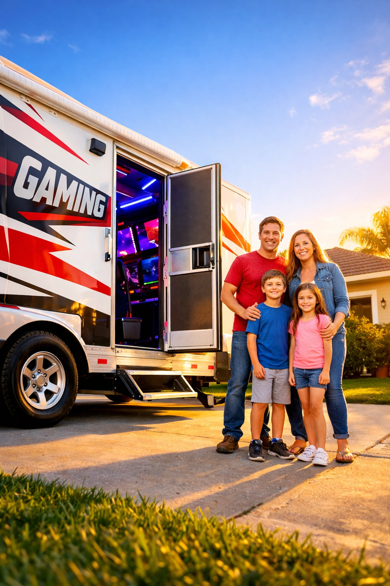 Mobile gaming trailer business parked in driveway with family owners