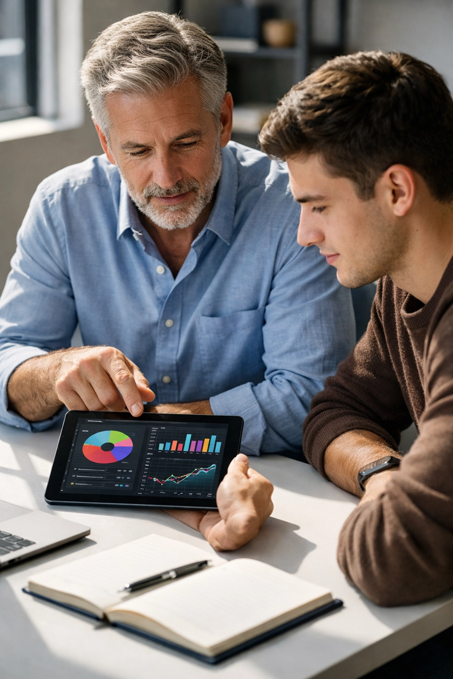 A business consultant mentoring a student on data analytics and talent strategy in an office.