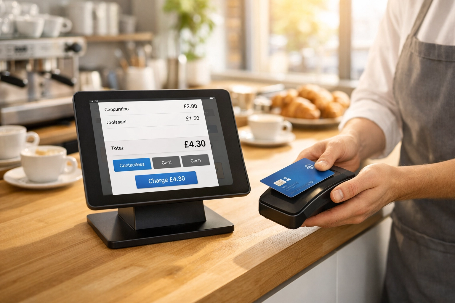 Barista using tablet POS system for contactless payment in modern UK café