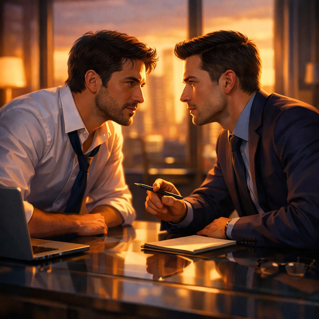 Two men in business suits sharing an intense moment across office desk - workplace MM romance tension