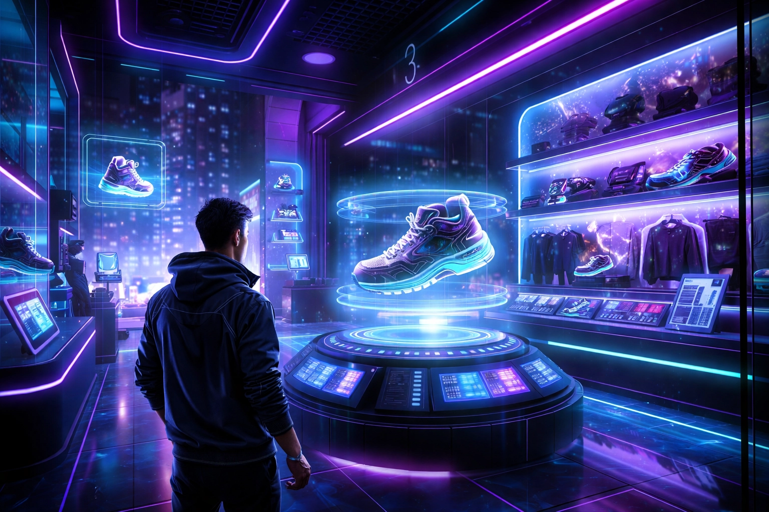 Virtual metaverse store with holographic displays and customer avatars showing immersive crypto shopping