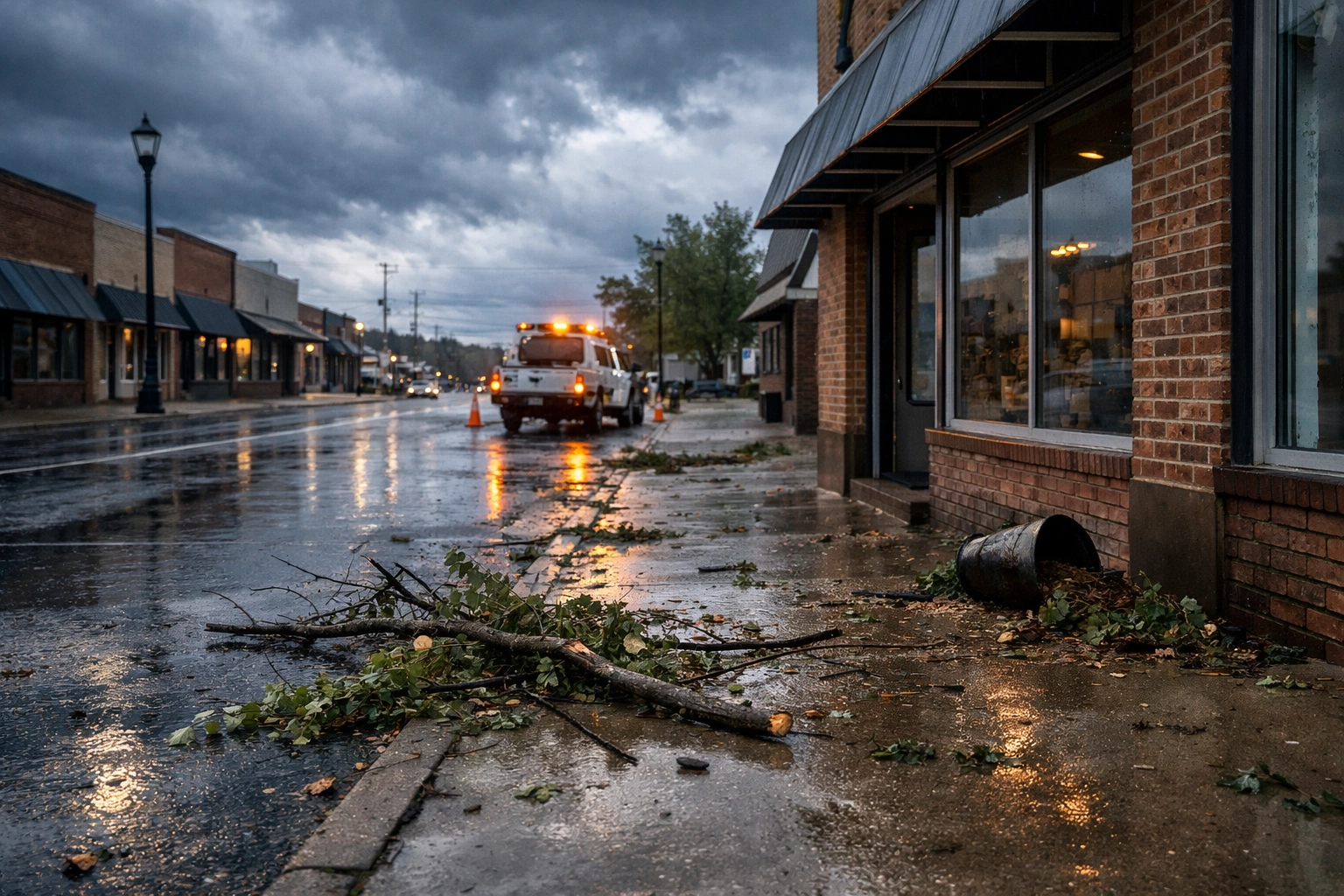 Commercial street with storm debris illustrating the damage threshold for multi-peril disaster insurance recovery.