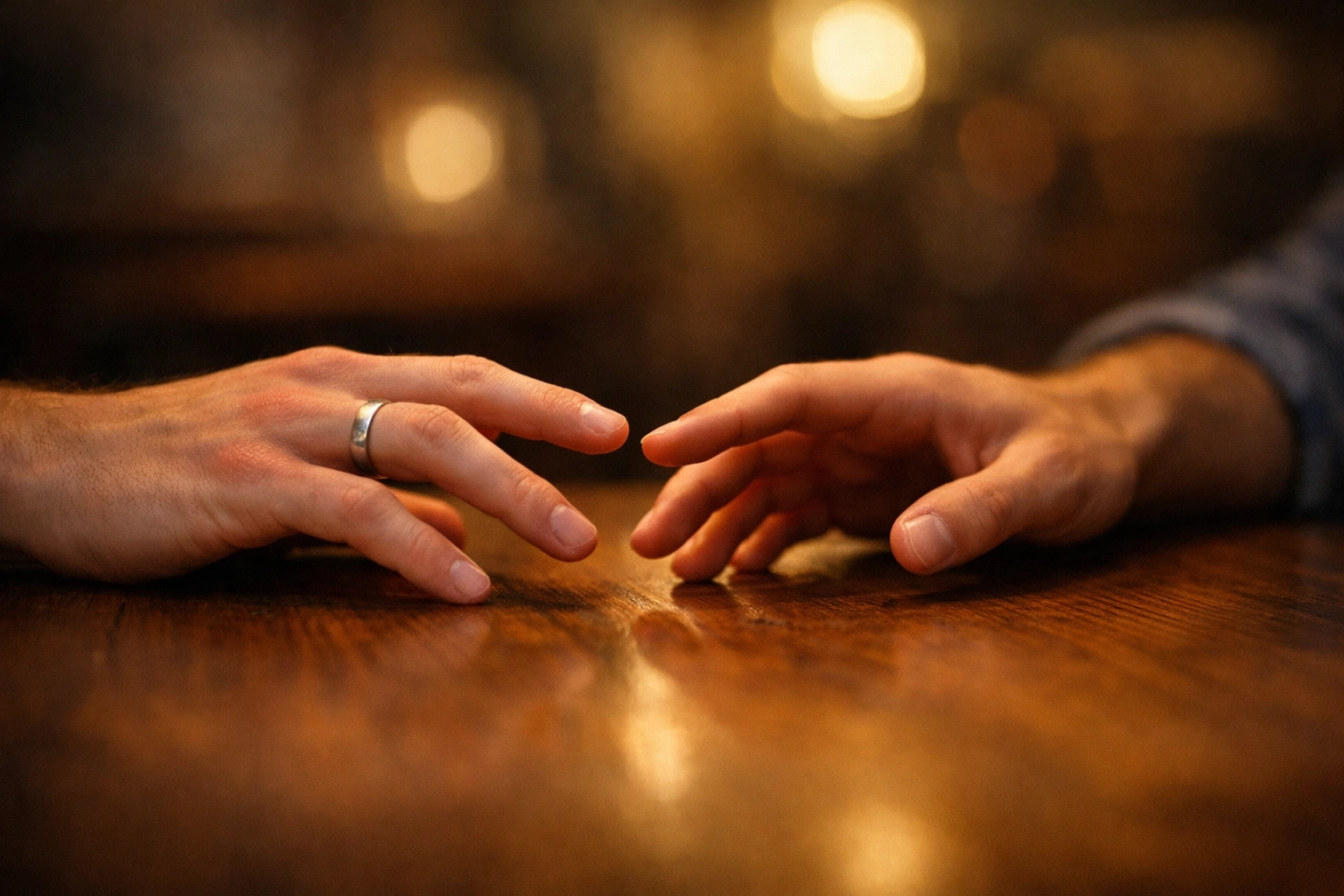Two men's hands reaching across table, gay priest and man's forbidden connection