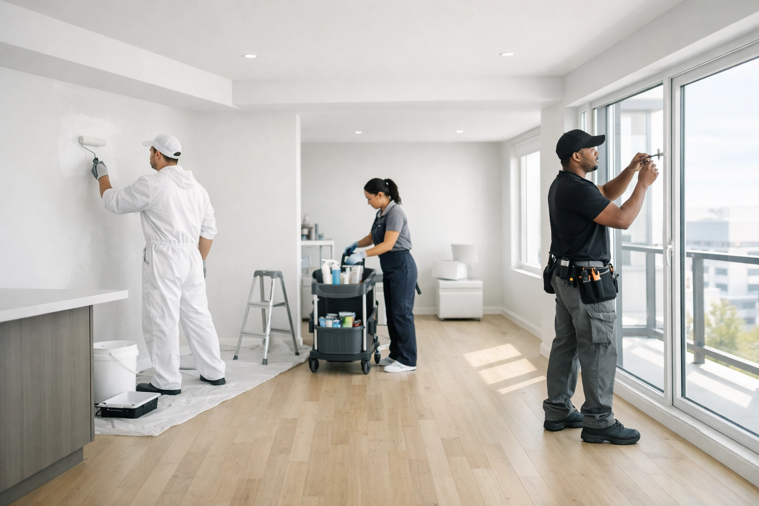 Coordinated maintenance team working together during apartment turnover