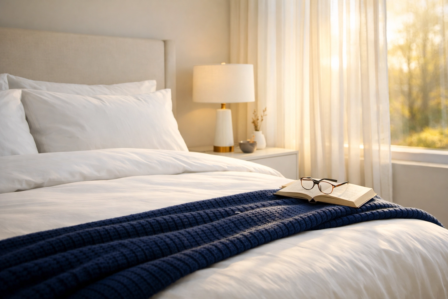 Minimalist master bedroom with clean linens, showcasing the freedom provided by house cleaning services MA.