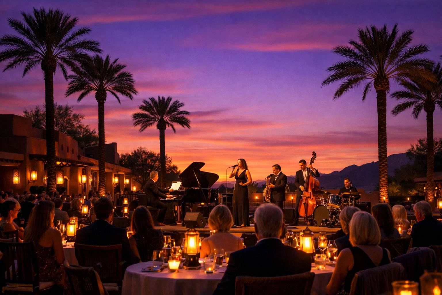Outdoor jazz performance at Scottsdale resort during sunset