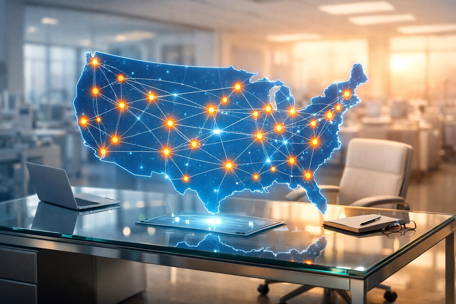 Holographic US map with patient nodes illustrating national remote healthcare data monitoring for medical practice leaders.