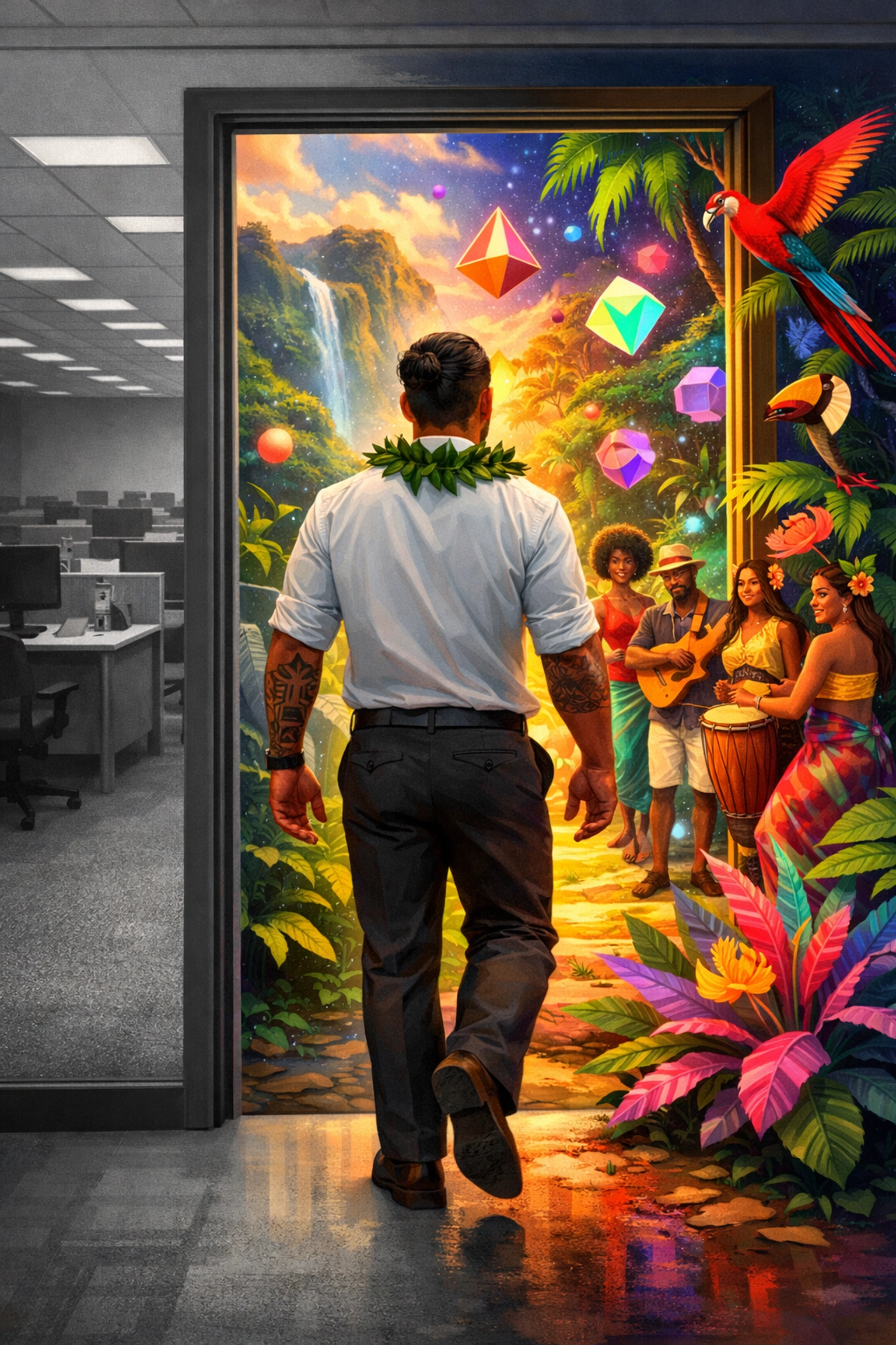 Polynesian man exiting a corporate office for a vibrant AI startup, illustrating modern workplace and AI trends.