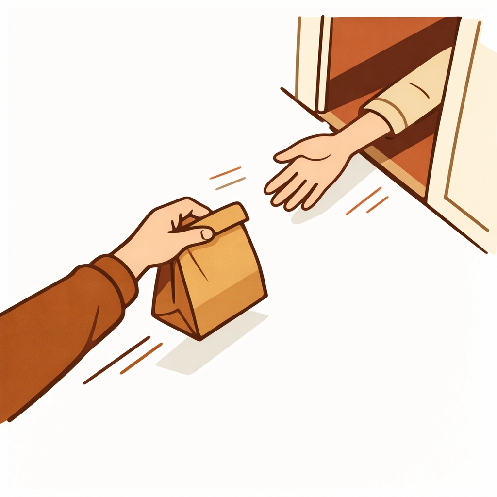 Fast coffee delivery from Blinkit showing hand-off of bottled coffee order in minutes