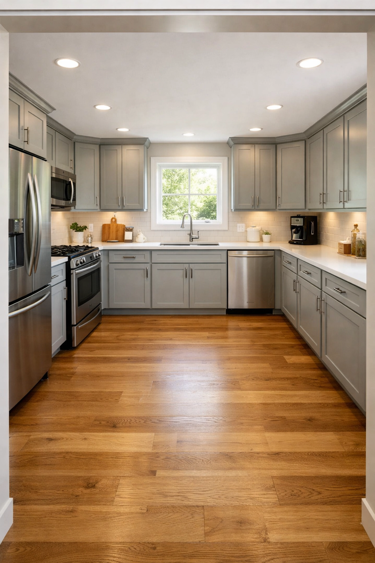 U-shaped kitchen layout with cabinets on three walls and open center floor space