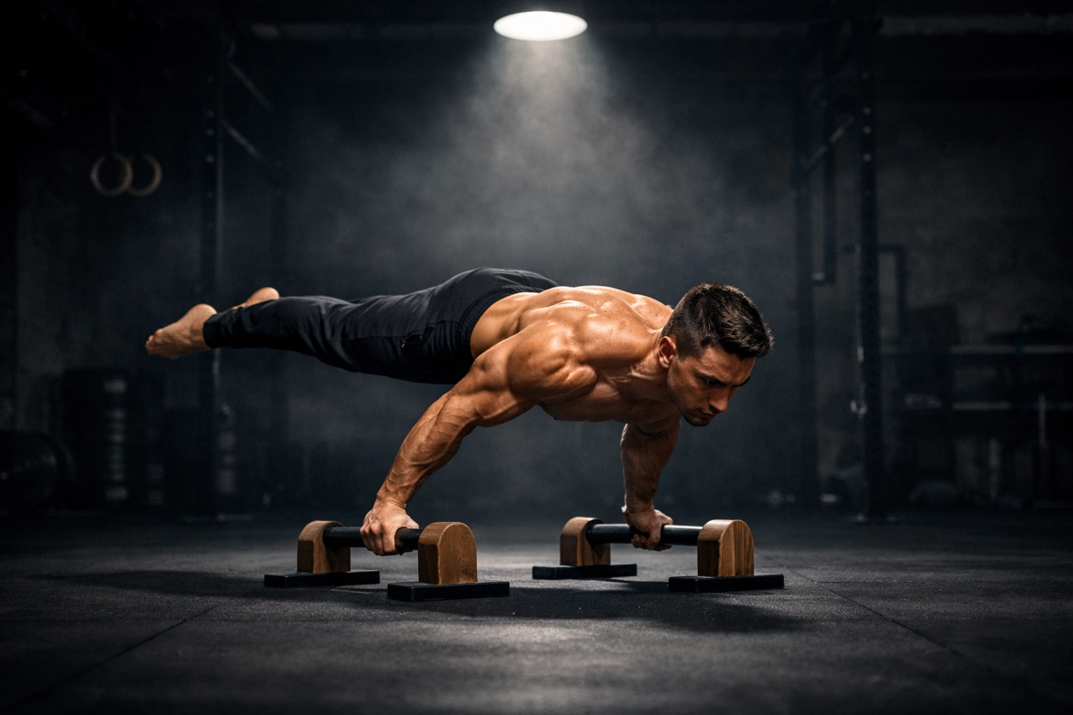Athlete mastering the planche using parallettes, essential calisthenics equipment for home strength training.