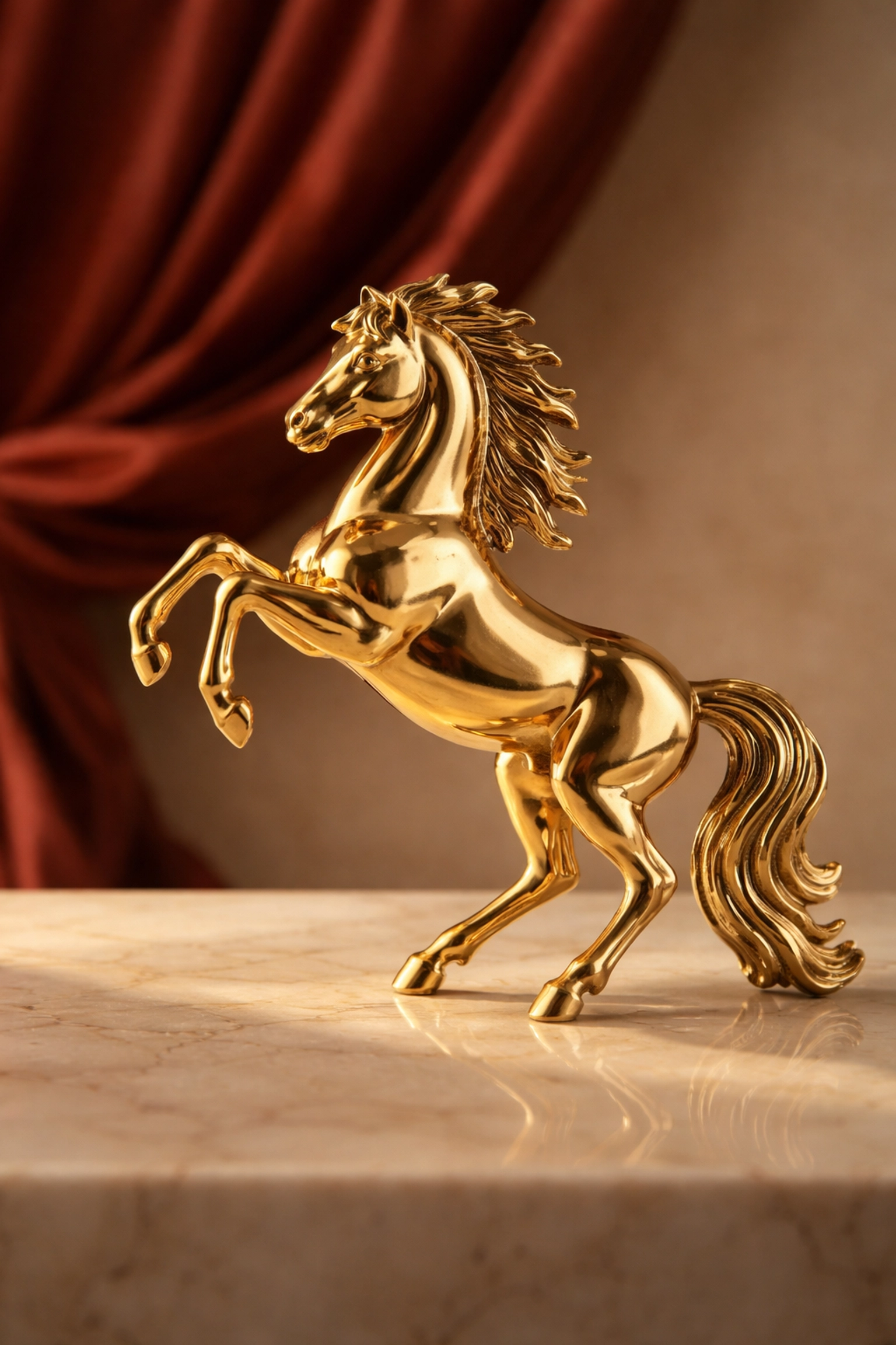 Gold horse figurine on marble and red silk captures Fire Horse energy for Lunar New Year luxury celebrations