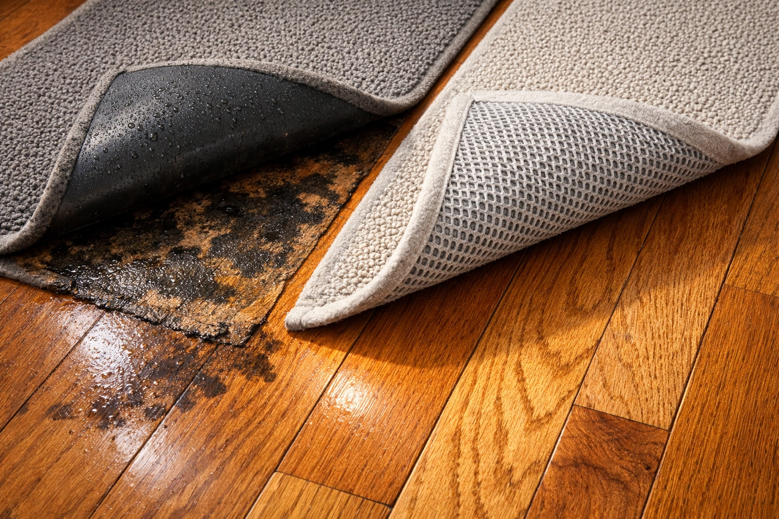 Comparison of rubber-backed mat causing moisture damage versus proper ventilated mat on hardwood