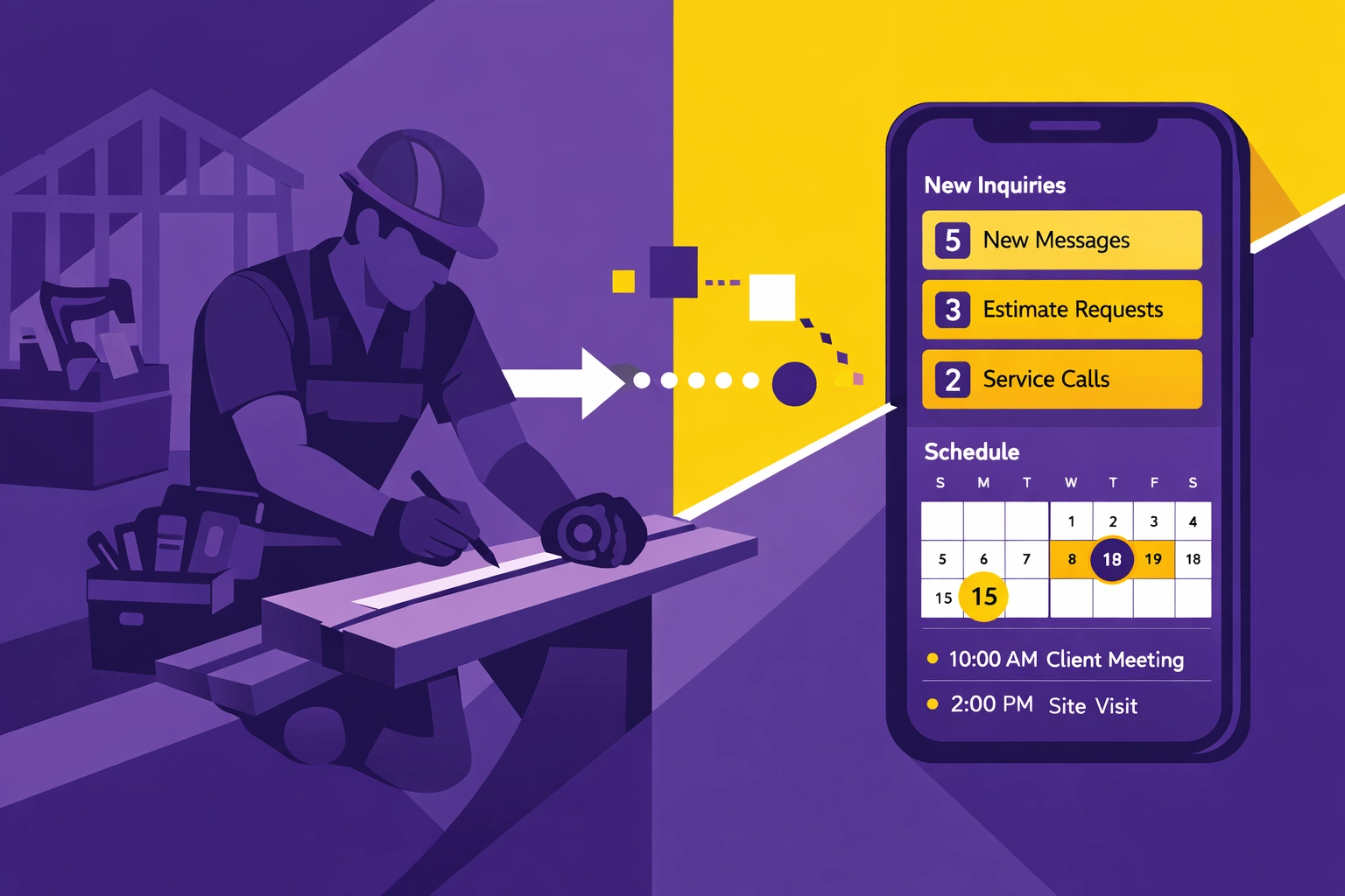 Handwerker bei der Arbeit mit KI-gestützter Terminverwaltung und Kundenanfragen-Dashboard