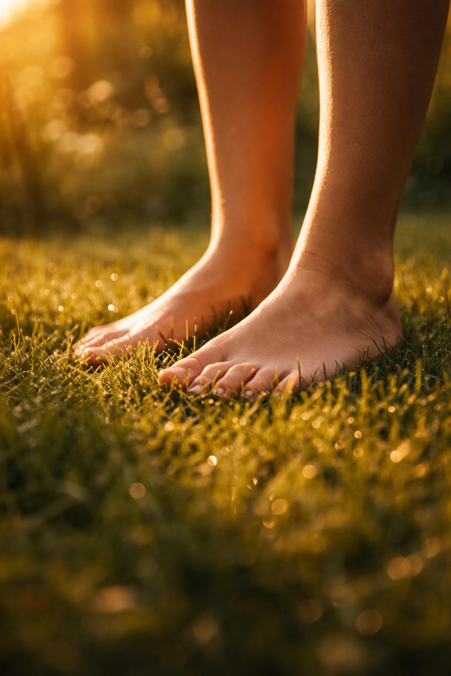 Bare feet grounded on green grass practicing mindfulness grounding technique in nature