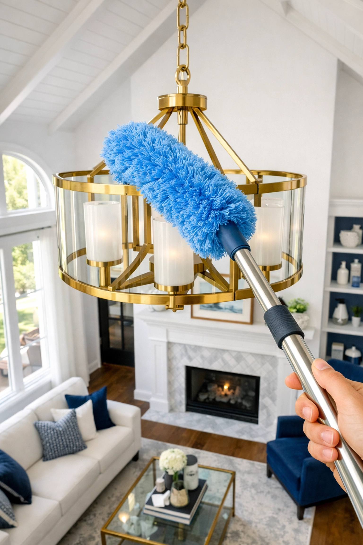 Professional residential cleaning in Mansfield showing top-to-bottom dusting of a modern light fixture.