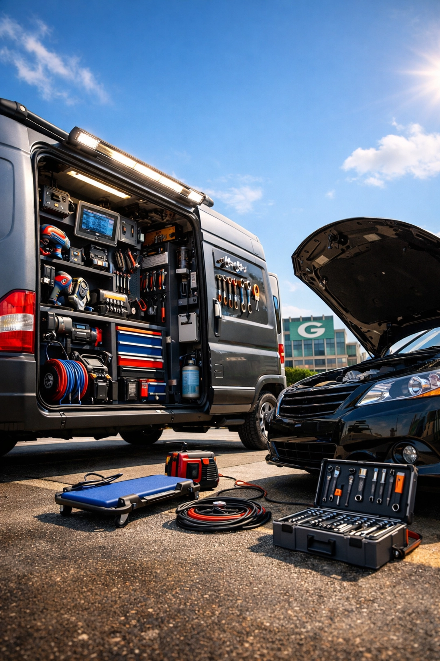 Fully equipped mobile auto repair van providing efficient on-site maintenance at a Green Bay office parking lot.