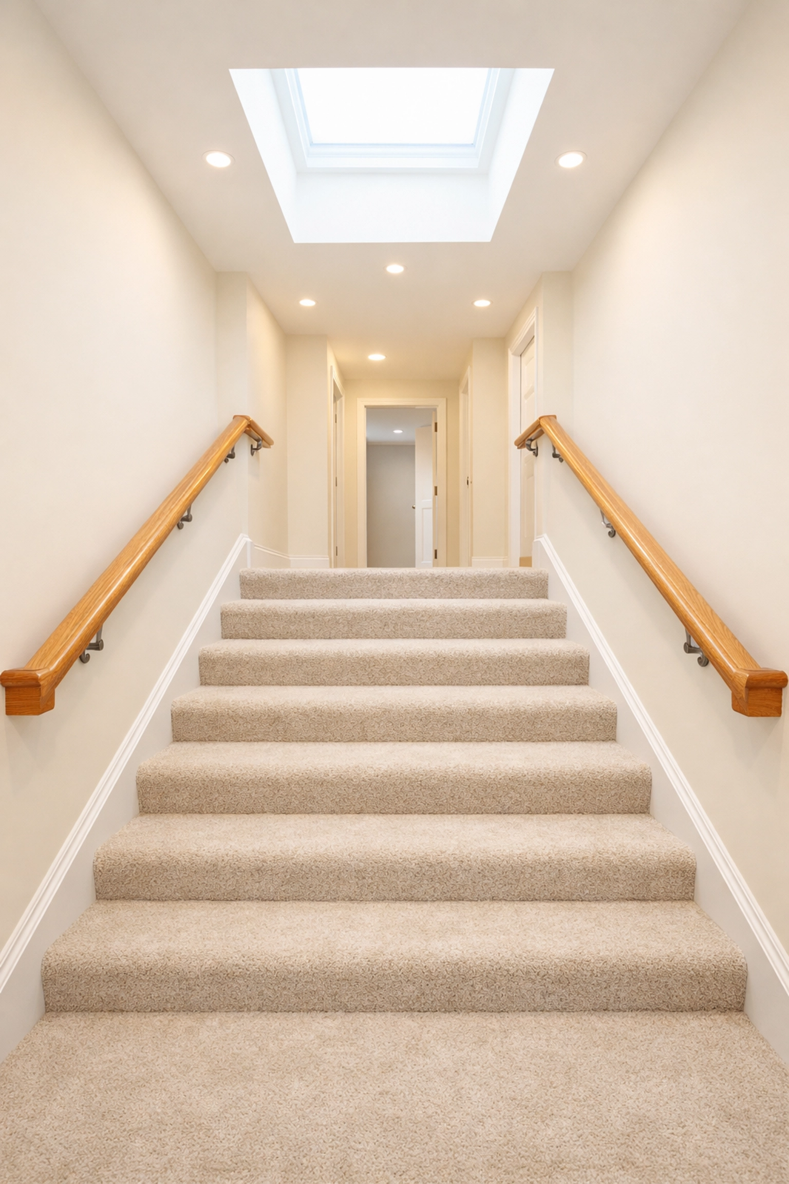 Well-lit home staircase with sturdy handrails on both sides for safe senior mobility.