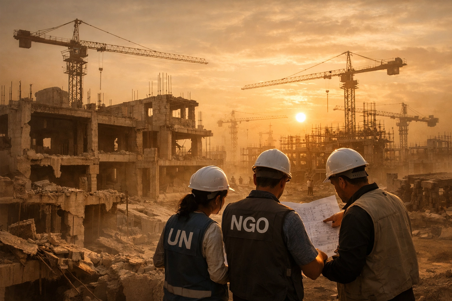 International aid workers reviewing Gaza reconstruction plans at construction site