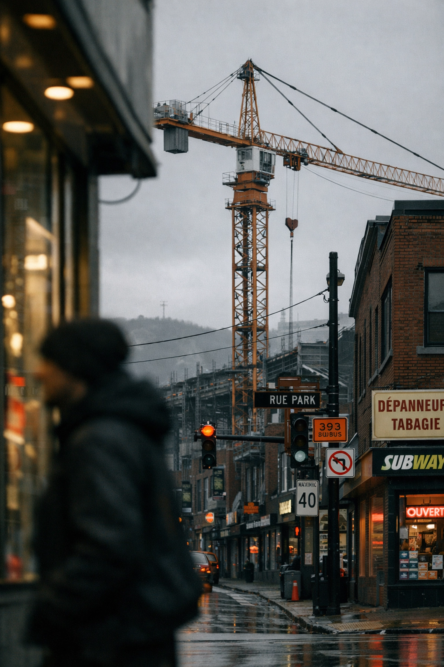 Dormant construction crane above a Montreal retail street during an economic slowdown.