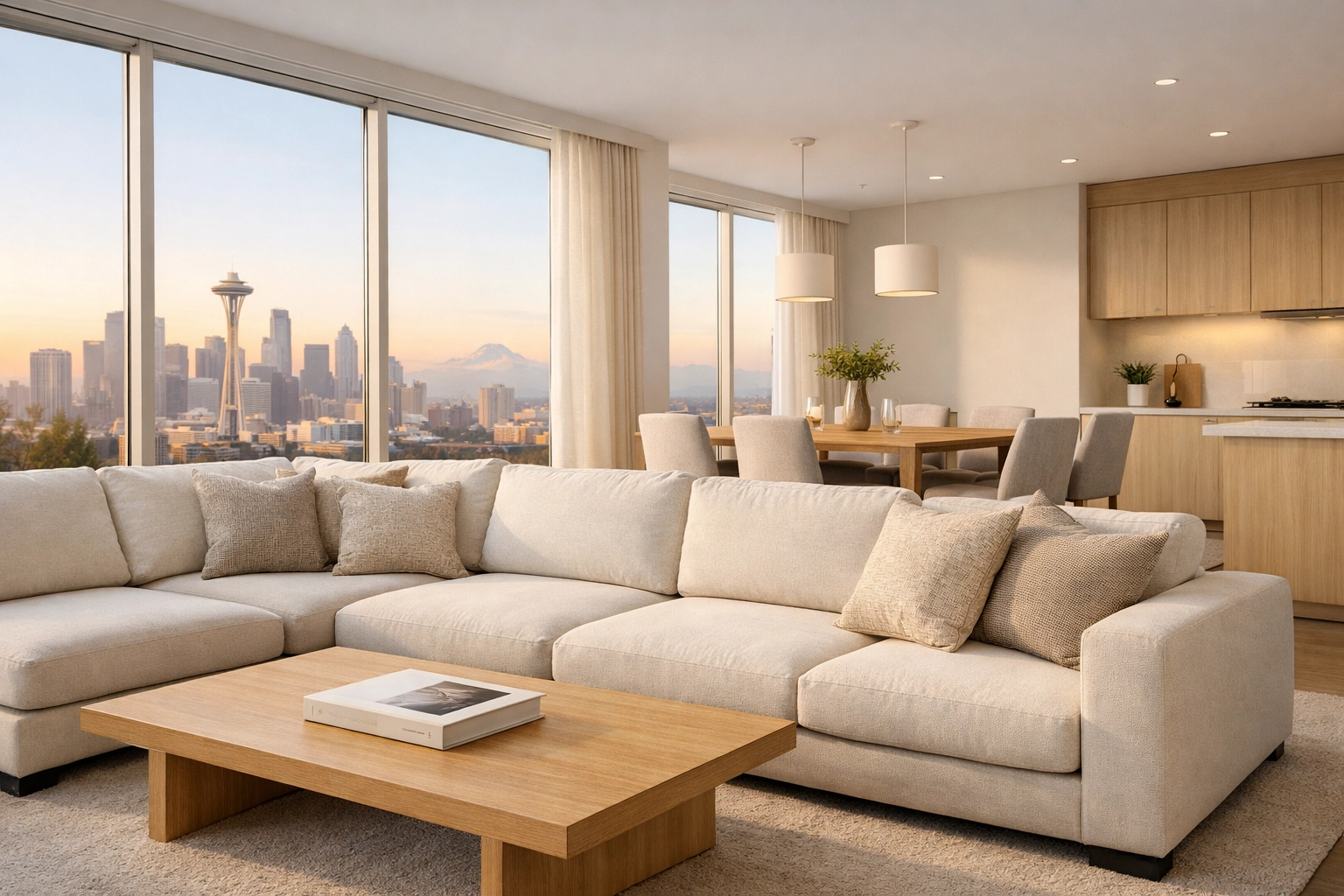 Spacious open-concept living area in a luxury Seattle corporate apartment with skyline views.