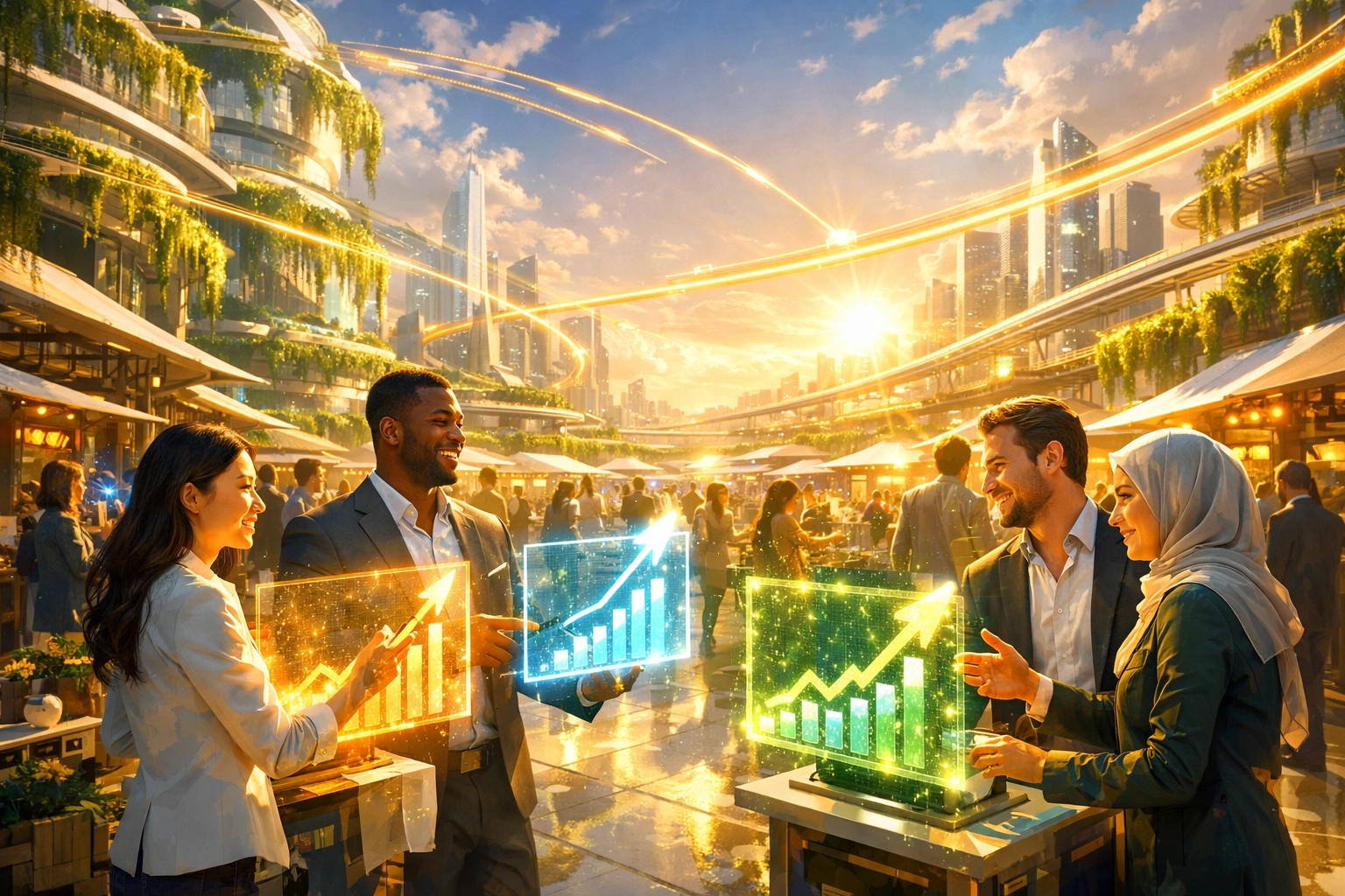 Futuristic global marketplace illustrating business growth through fast Web3 payment solutions.