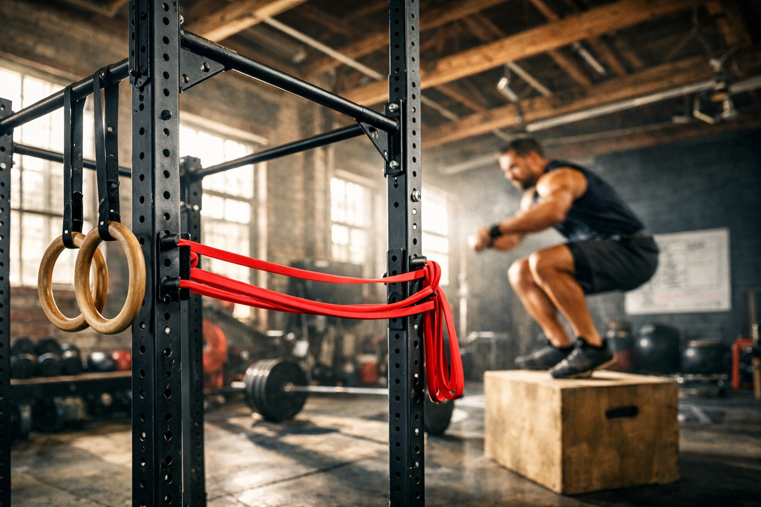 Versatile home gym setup featuring a pull-up bar, gymnastic rings, and resistance bands for full body training.