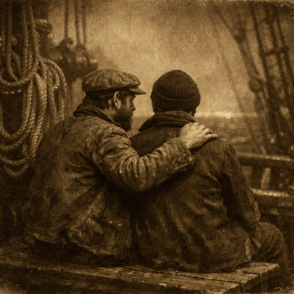 Vintage sepia photo of two 19th-century male sailors sharing an intimate moment on a ship deck.