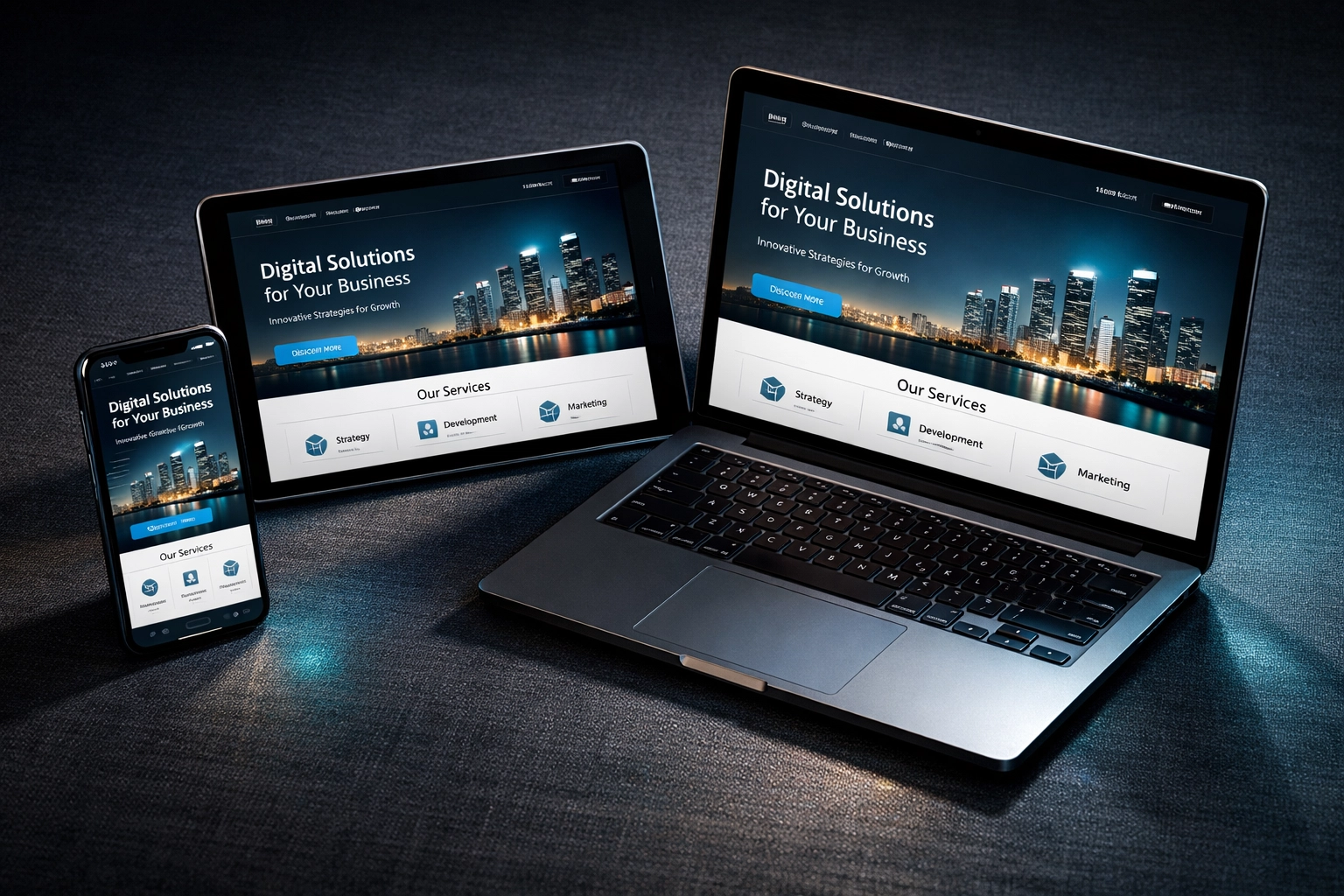 Responsive web design for small business showing a seamless layout on a phone, tablet, and laptop.