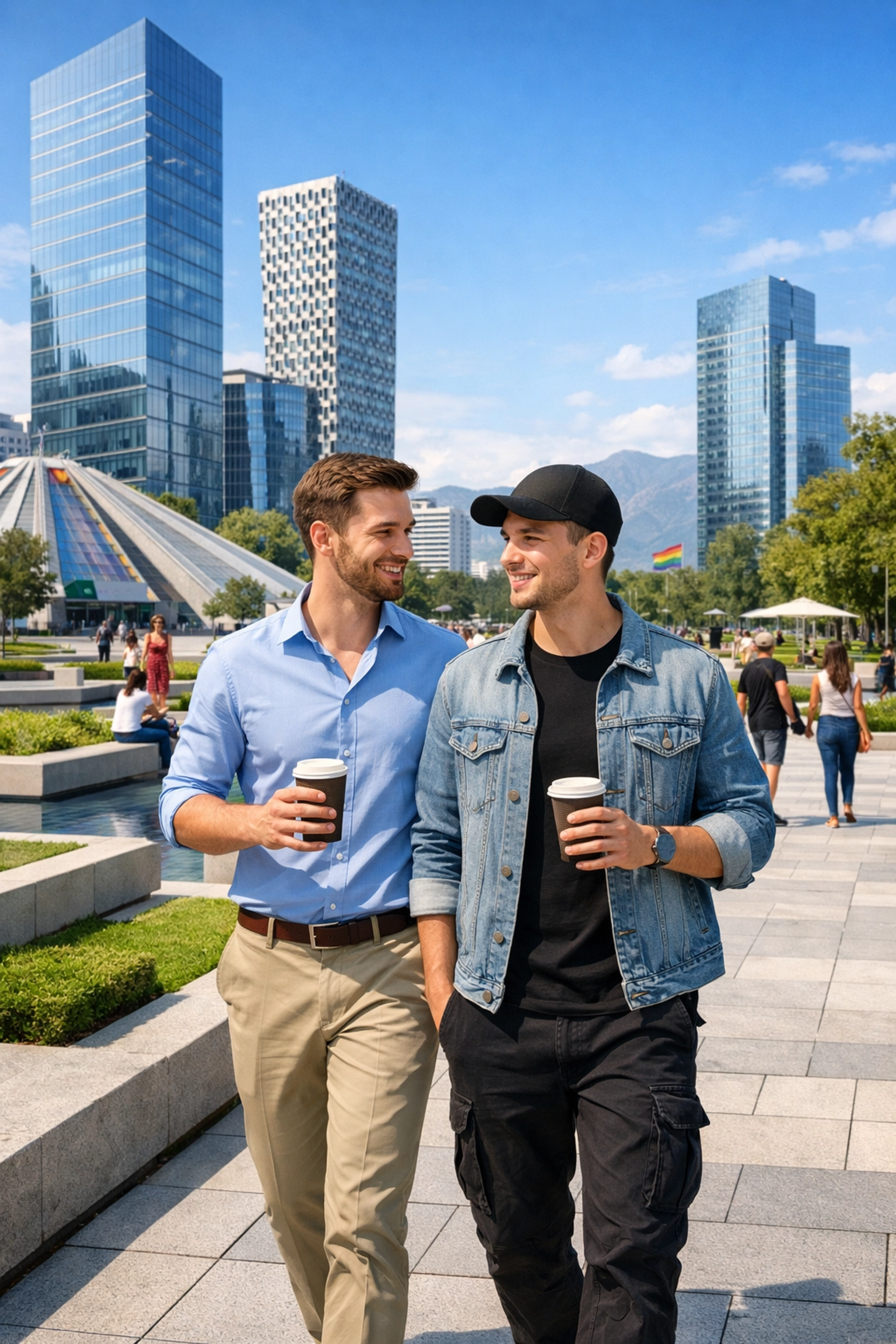 Gay couple walking through modern Tirana park representing Albania's changing LGBTQ+ landscape