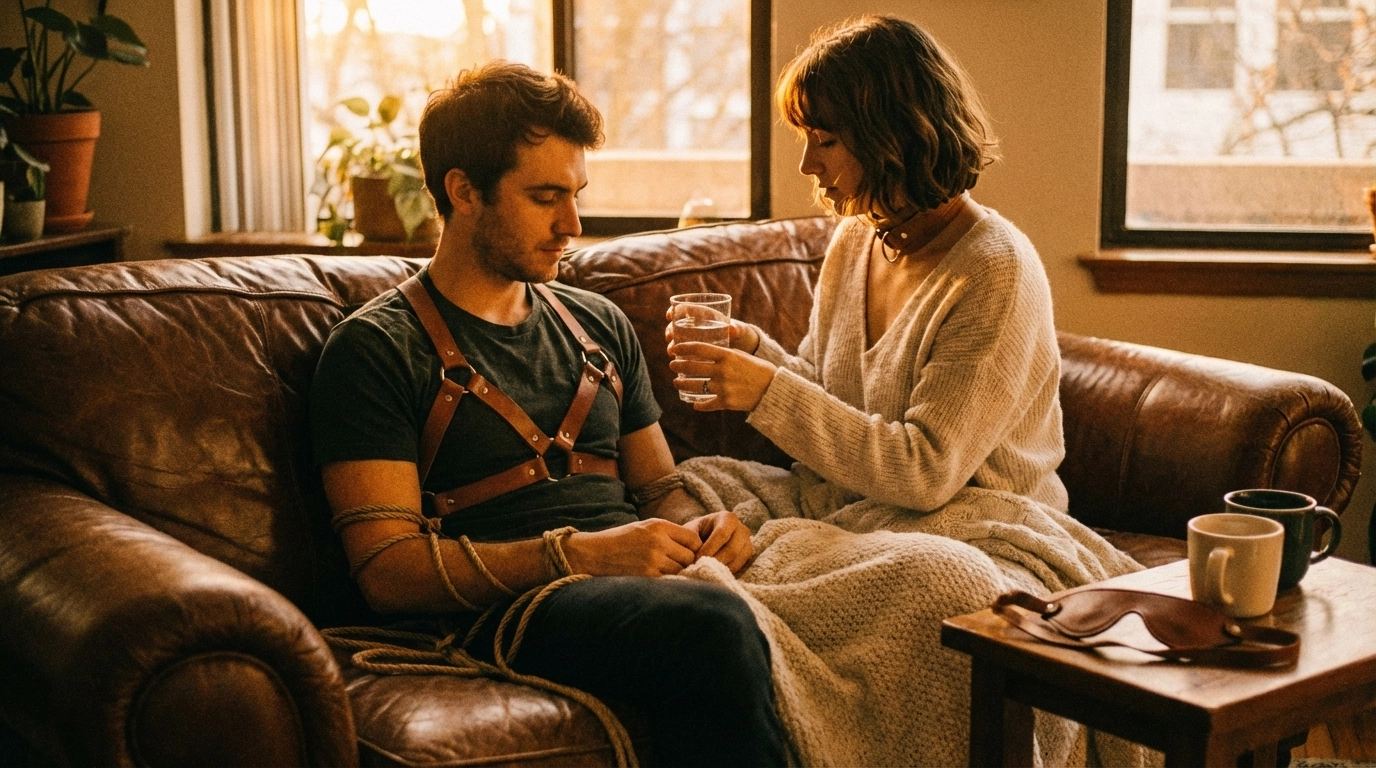 Aftercare, but make it real: loosened rope, leather harness, water and blankets—tender, grounded, and still charged