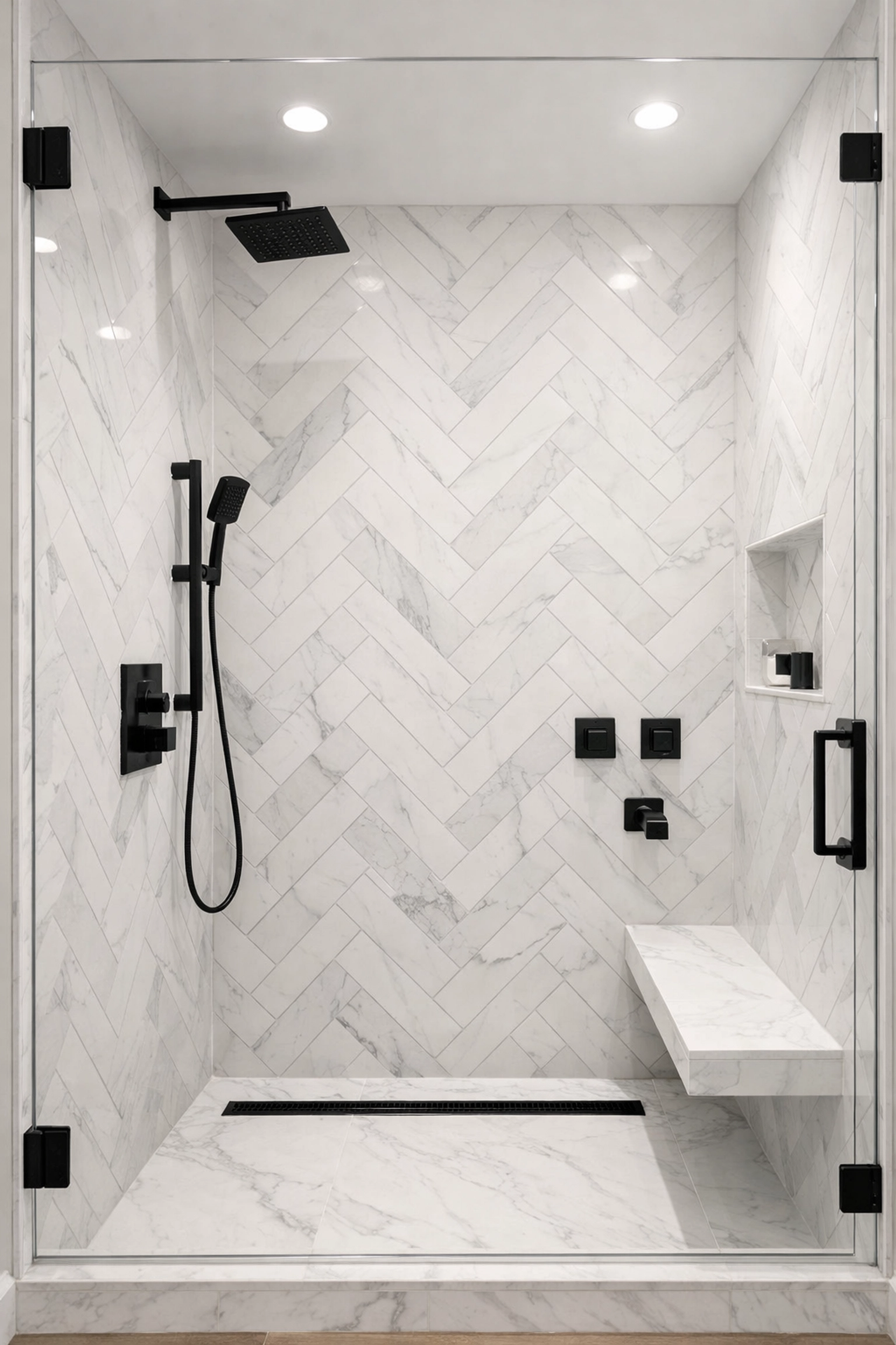 Exquisite tile installation orlando bathroom remodel with white marble herringbone patterns.