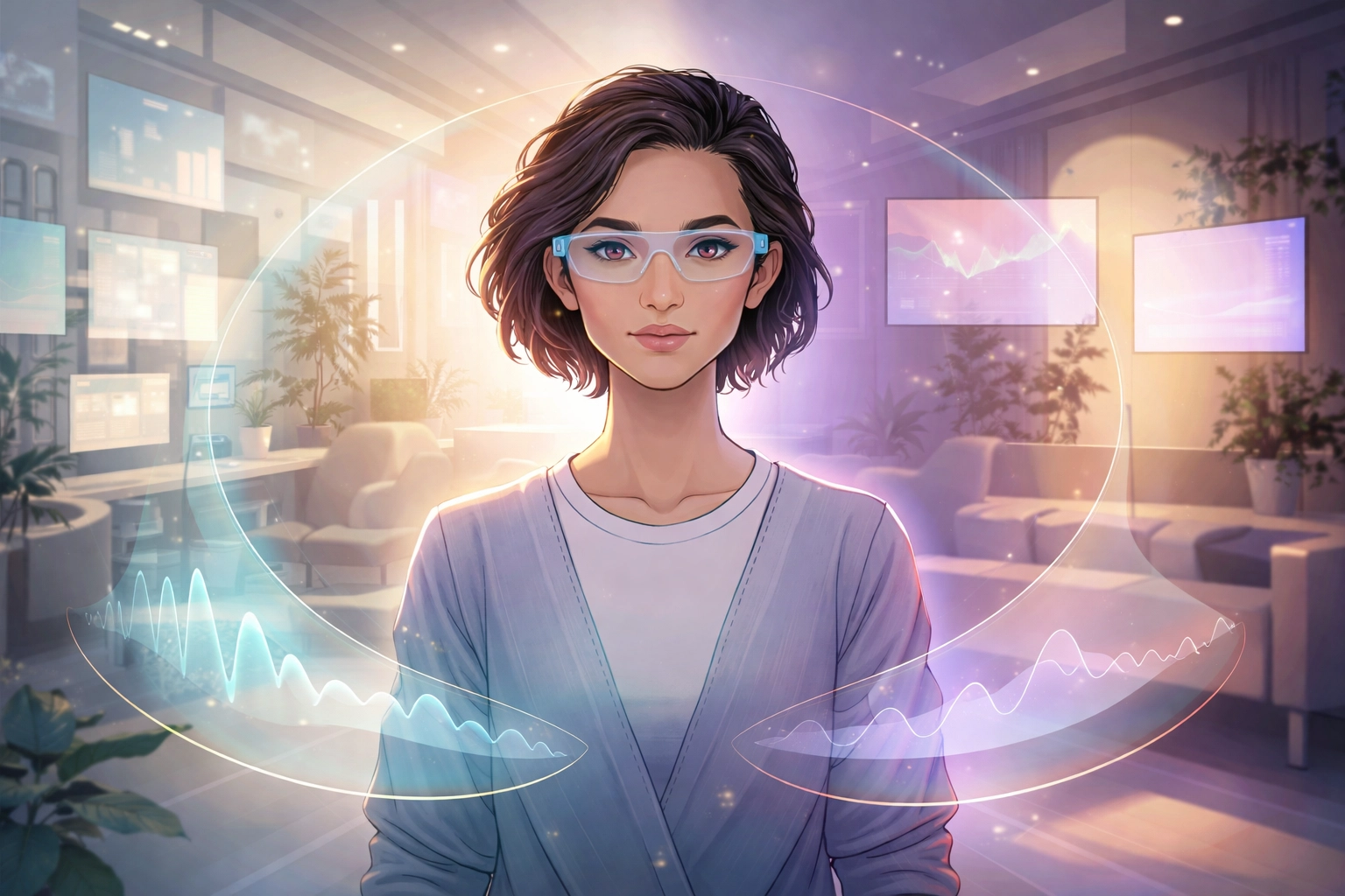 A neurodivergent user in a workspace with adaptive AI technology adjusting lighting for sensory relief.