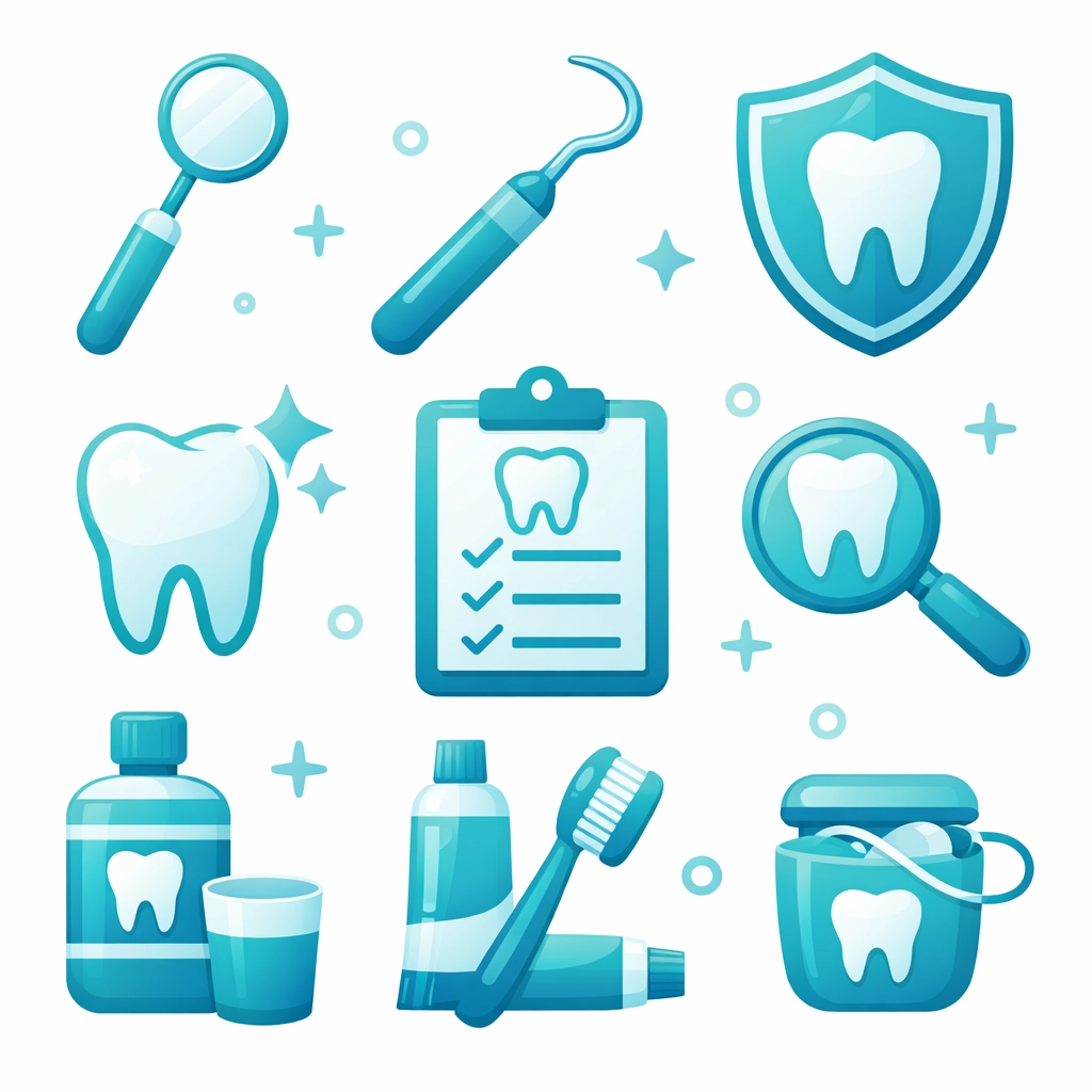 Icons of professional tools used for scaling and fluoride treatments at a dentist in Markham.