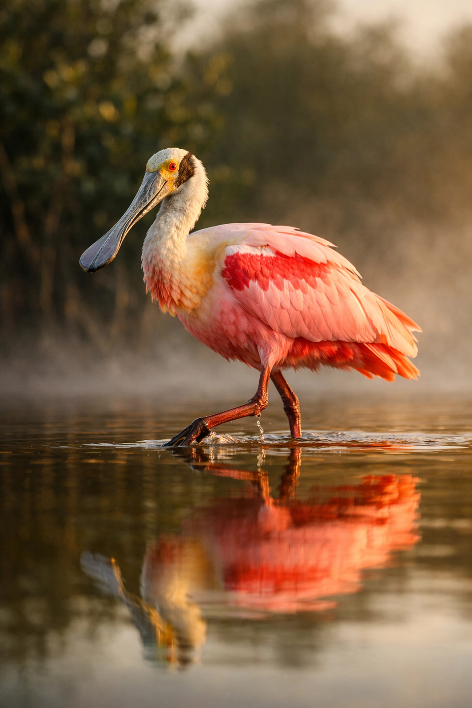 Roseate Spoonbill wading in the Everglades mist, showing the quality of a wildlife photography tour in Florida.