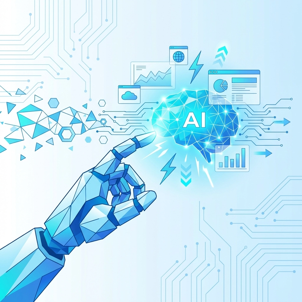 Robotic arm processing SEO charts, symbols speed and efficiency of AI-driven SEO optimization