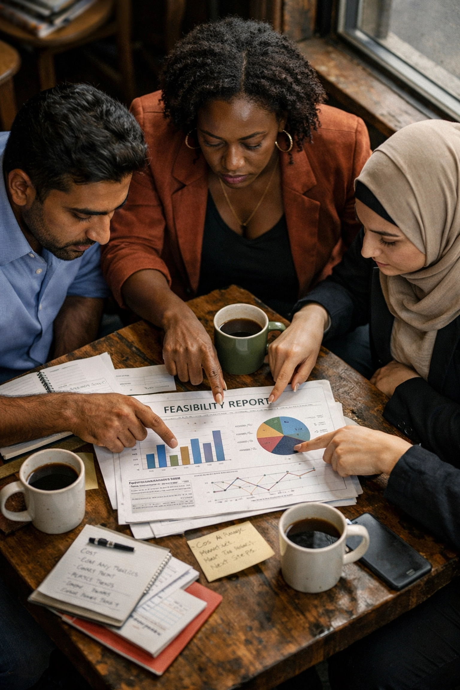Diverse business partners analyzing market data in a feasibility report for a new restaurant concept.