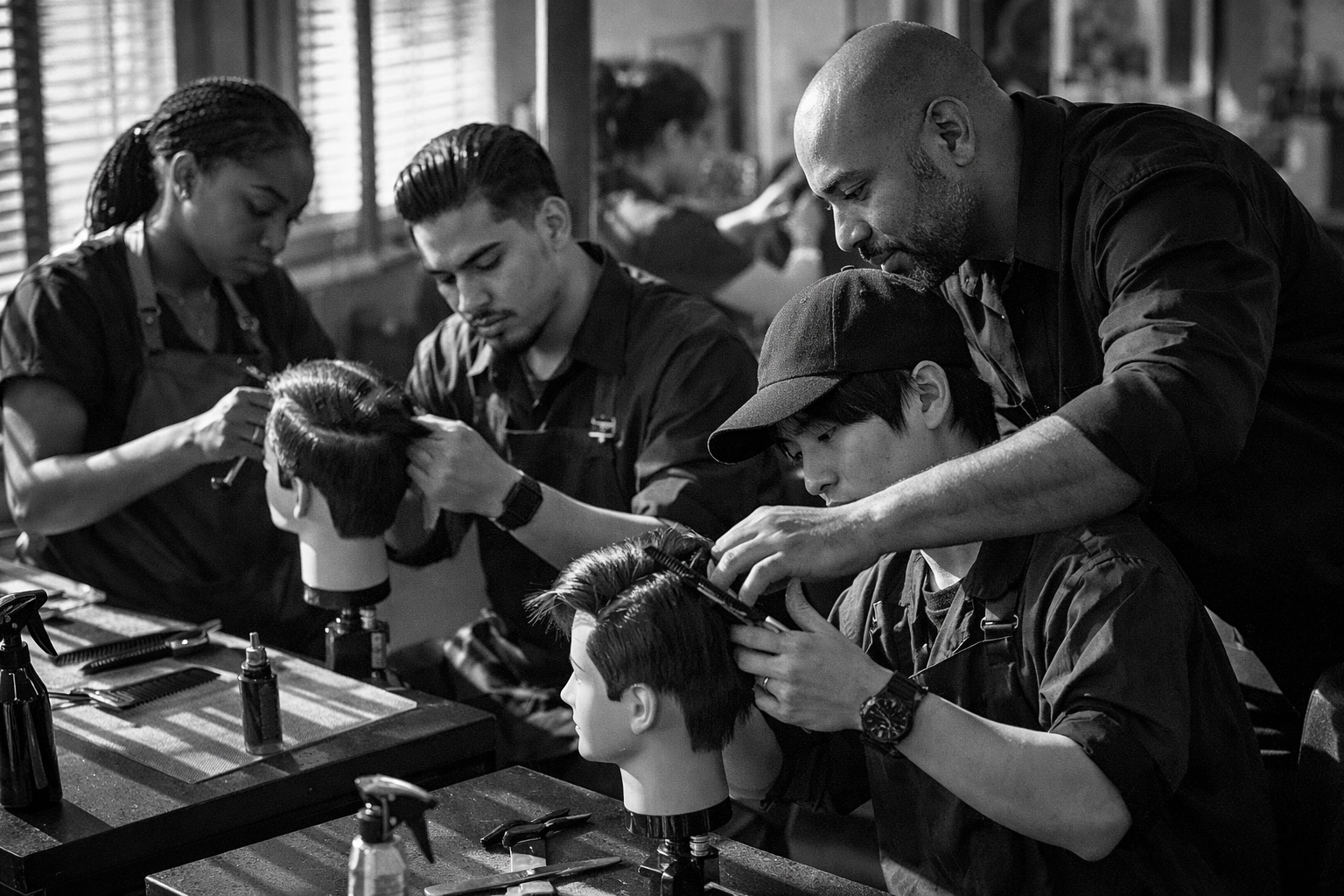 Diverse barber students training at X-Quisite Cutz School of Barbering in Middletown Ohio