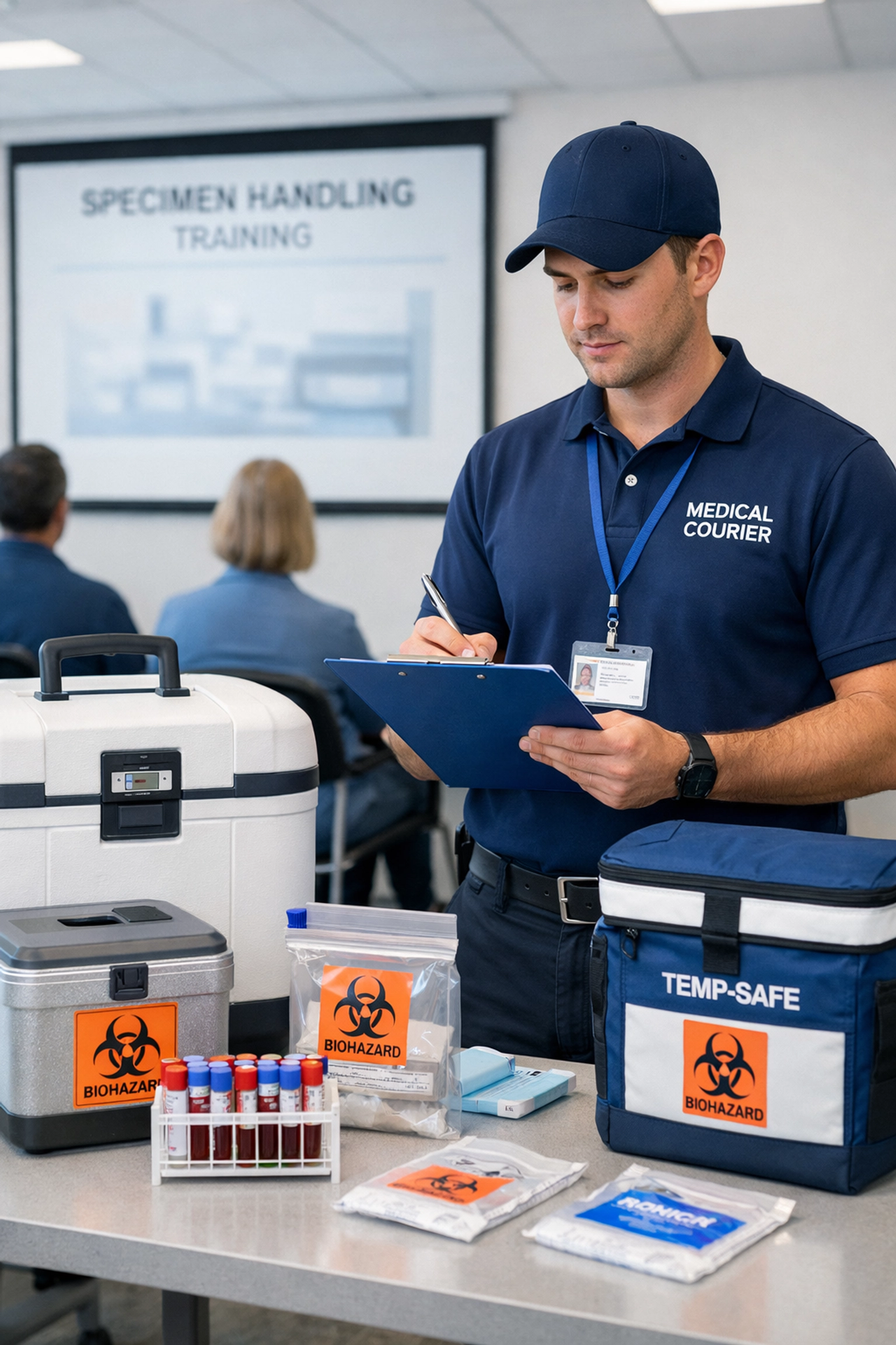 Medical courier professional training on specimen handling and transport equipment