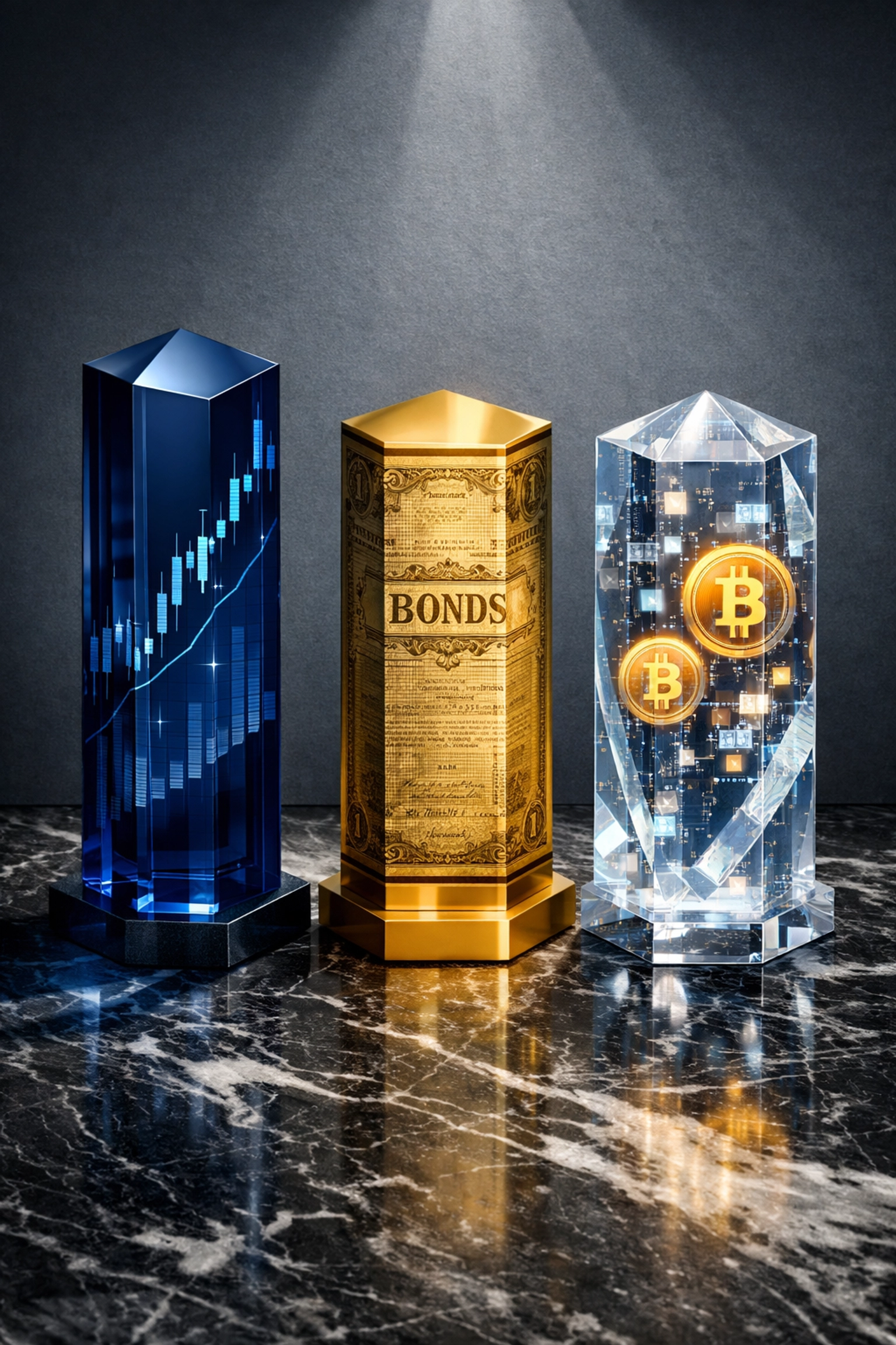 Three pillars representing 40/30/30 portfolio allocation: equities, bonds, and alternative assets including Bitcoin