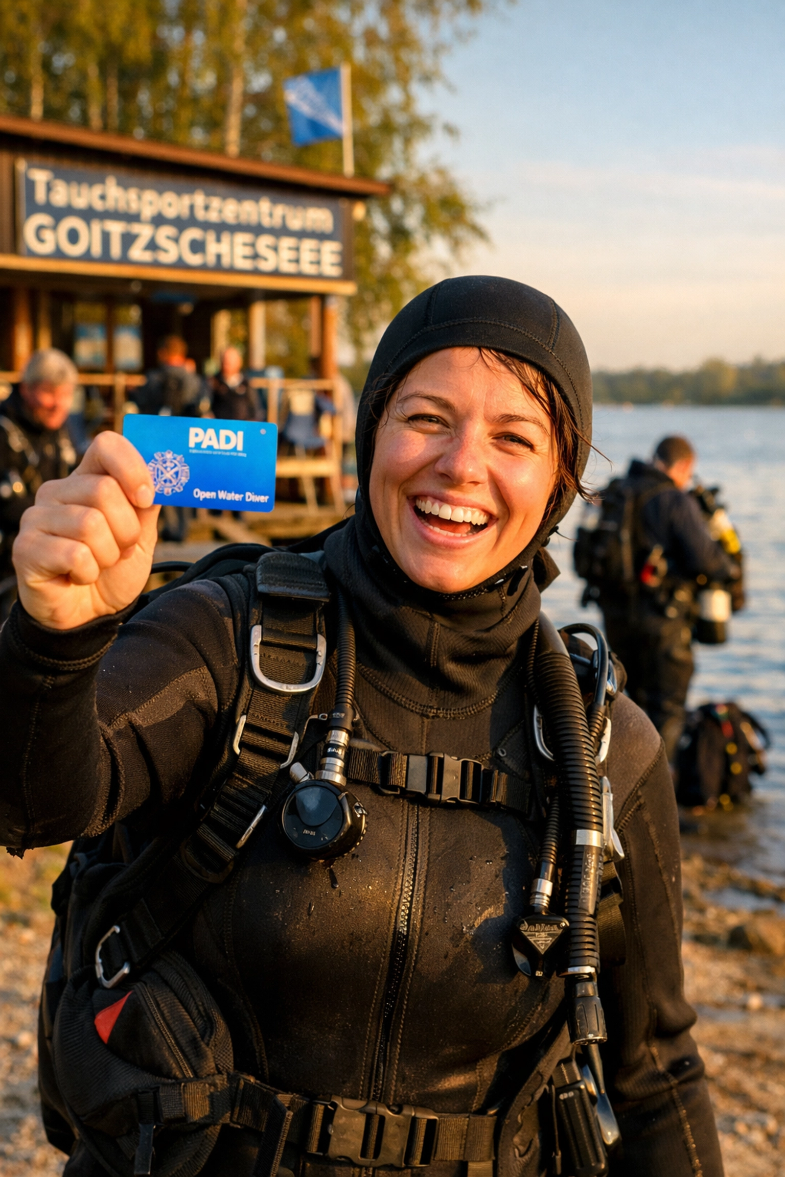 Glücklicher Taucher mit neuem Tauchbrevet an der Tauchbasis Goitzschesee