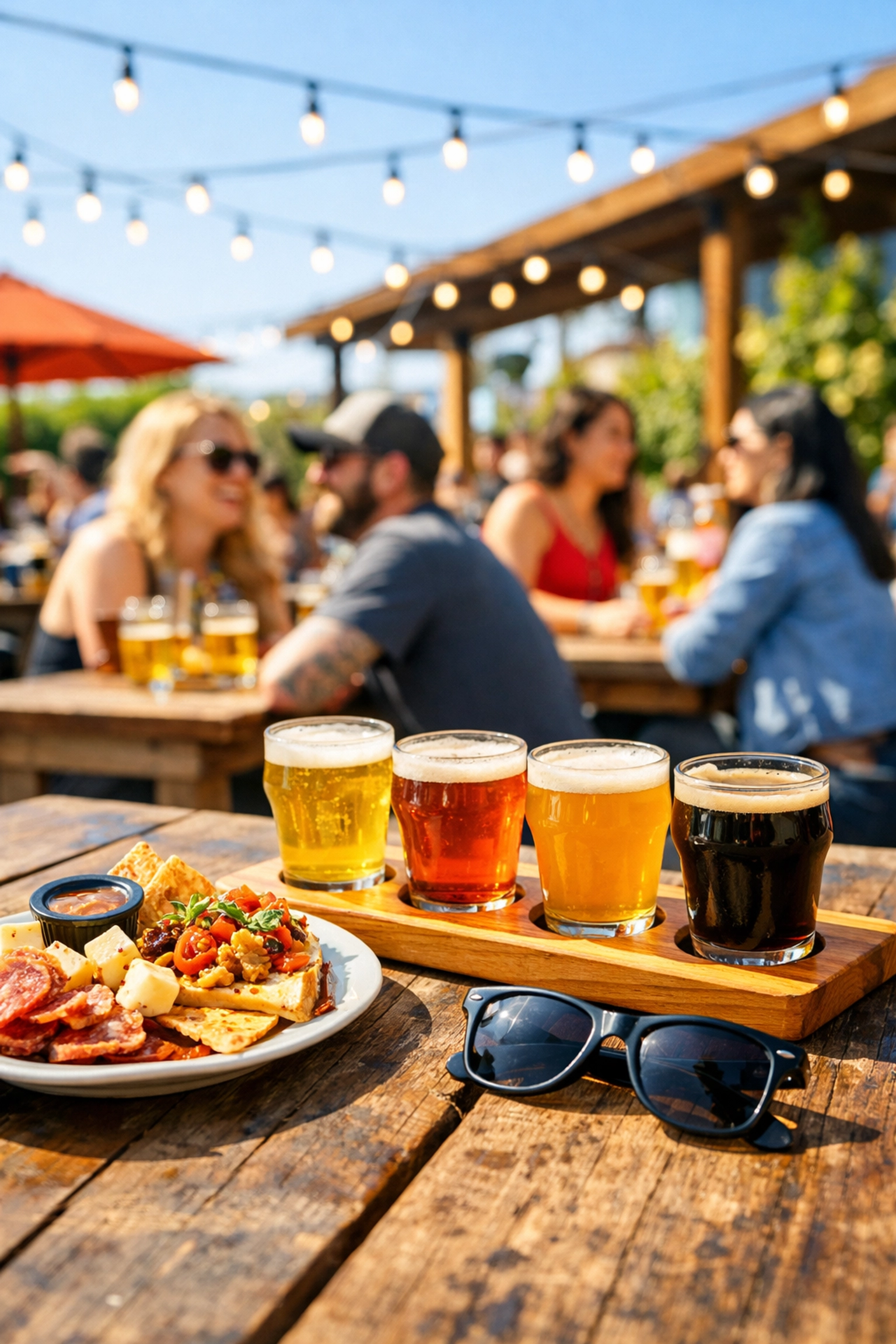 Friends enjoying craft beer on a sunny outdoor patio in Hamilton's vibrant downtown core.