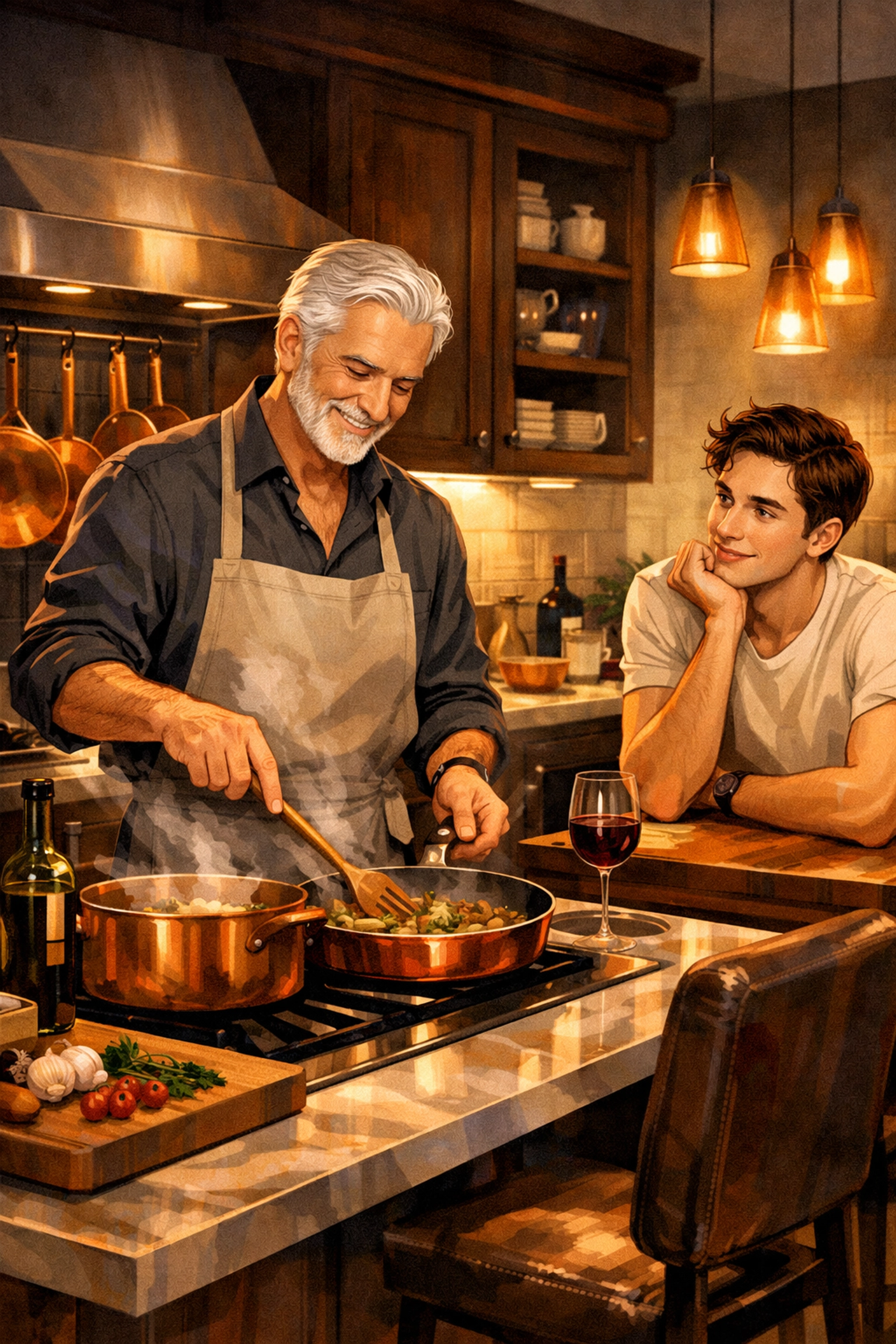 Silver-haired man cooking while younger partner watches - MM romance Daddy dynamic caretaking