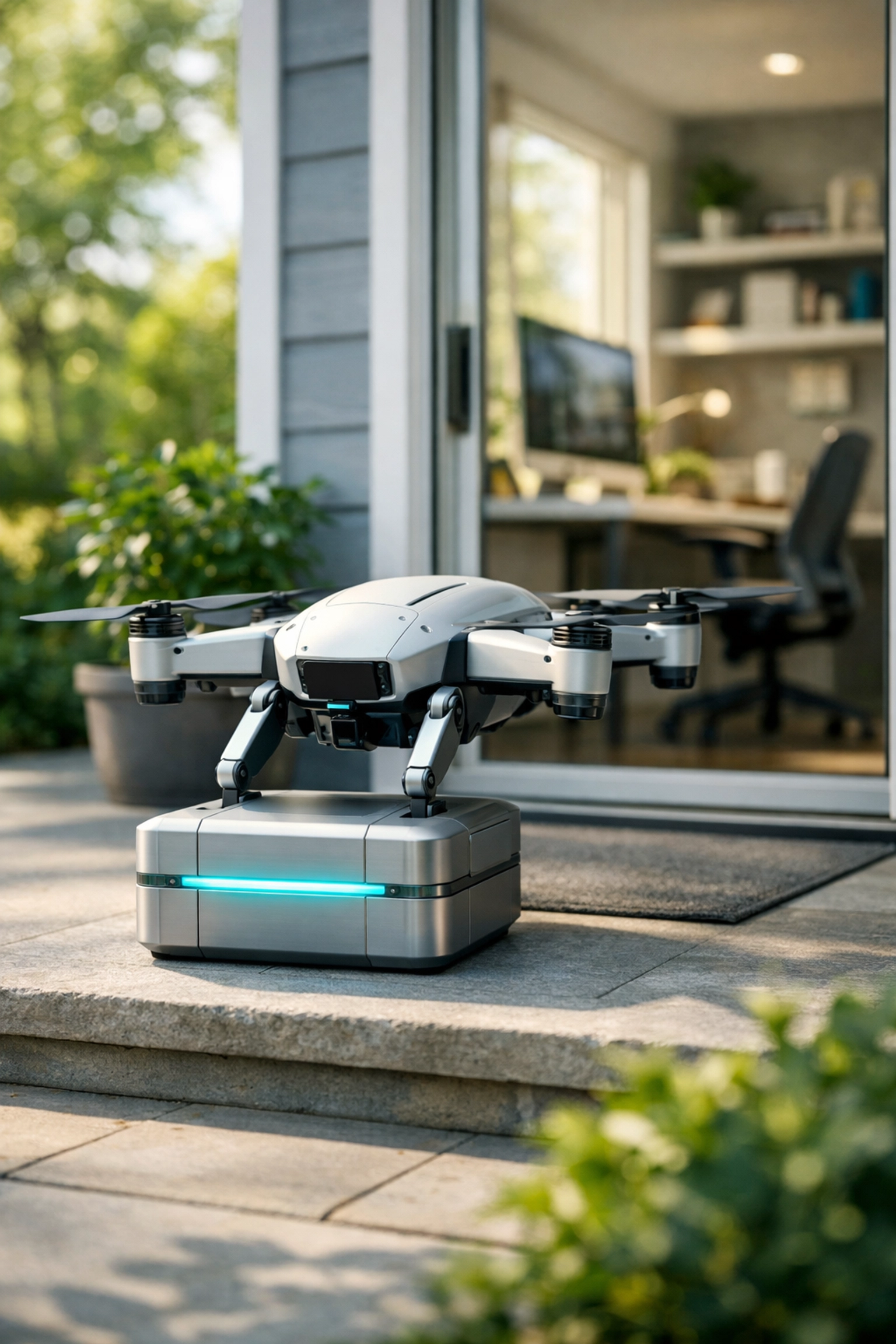 An autonomous drone delivering a replacement laptop to a remote worker's doorstep for predictive IT support.