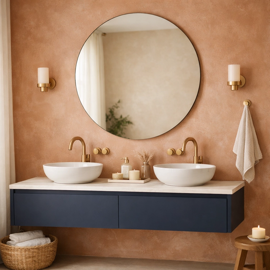 Luxury bathroom design in Nottingham featuring a navy vanity and 2025 color palette.